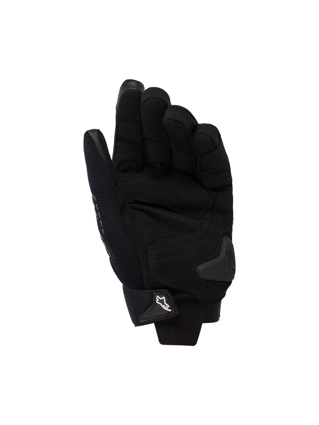 Gants de moto pour femme Alpinestars Stella SP X 3, noir, vue de la paume avec renforts en cuir synthétique, slider de paume en TPU et fermeture de poignet réglable avec logo blanc.