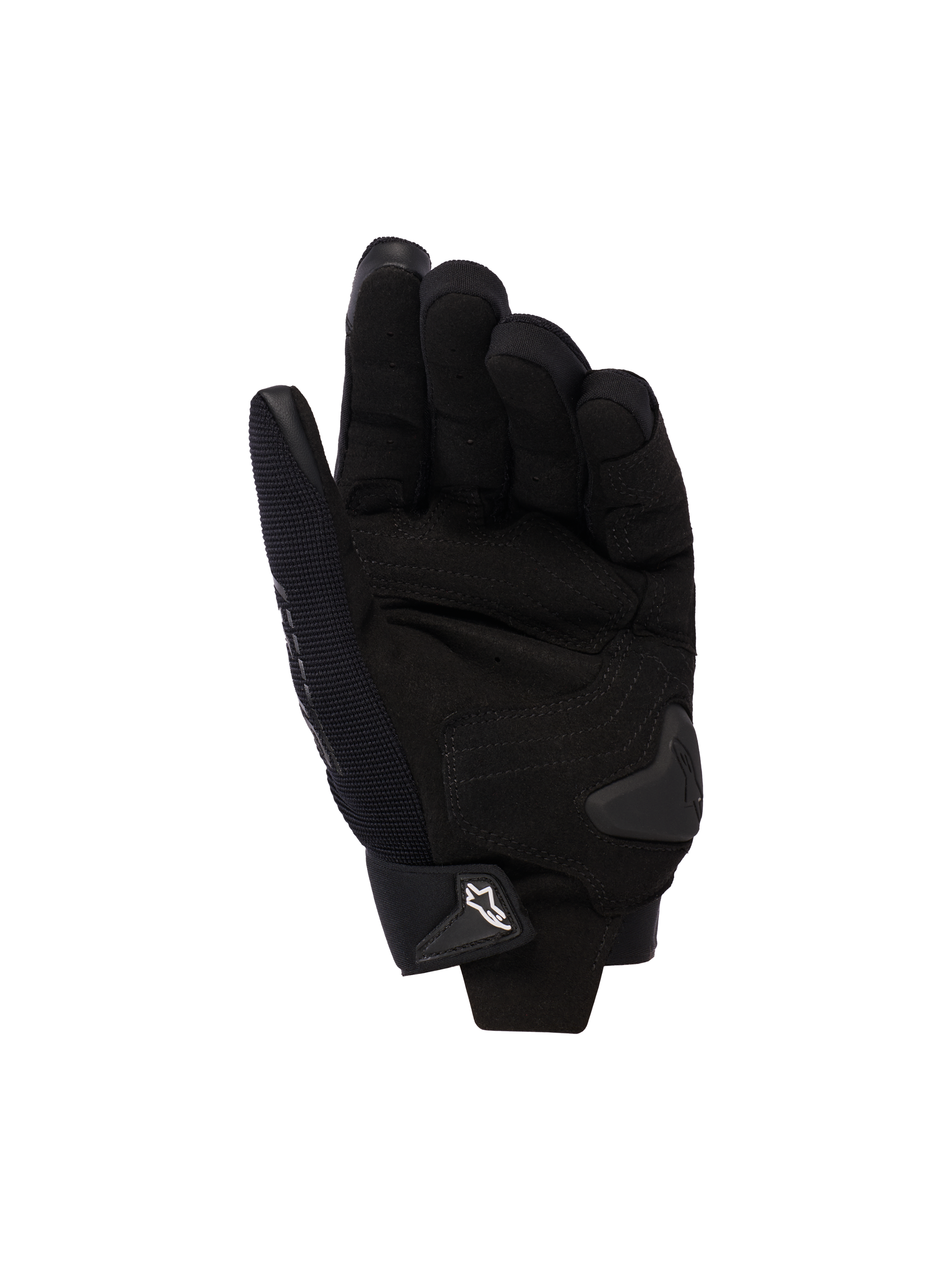 Gants de moto pour femme Alpinestars Stella SP X 3, noir, vue de la paume avec renforts en cuir synthétique, slider de paume en TPU et fermeture de poignet réglable avec logo blanc.