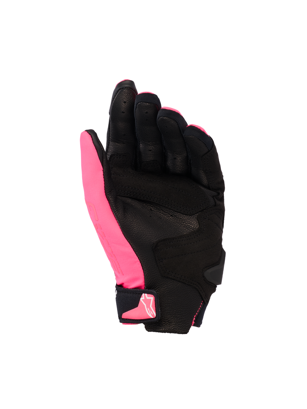 Gants Alpinestars Stella SP X 3, gants de moto pour femme, rose Diva, noir et blanc, vue de la paume montrant le cuir perforé et les empiècements synthétiques, paume noire avec pouce rose, fermeture velcro au poignet avec logo rose, design sportif ergonomique