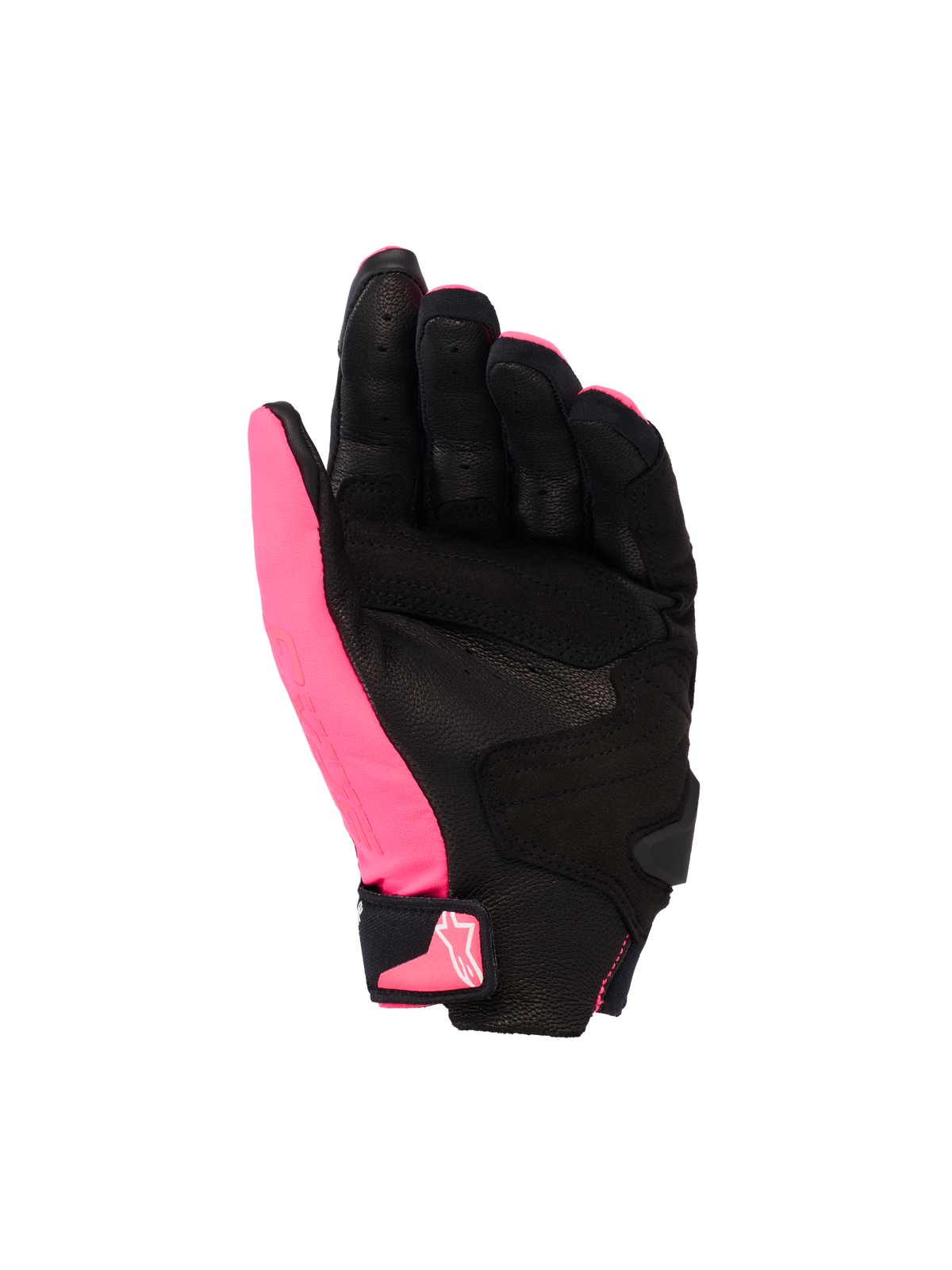 Gants Alpinestars Stella SP X 3, gants de moto pour femme, rose Diva, noir et blanc, vue de la paume montrant le cuir perforé et les empiècements synthétiques, paume noire avec pouce rose, fermeture velcro au poignet avec logo rose, design sportif ergonomique