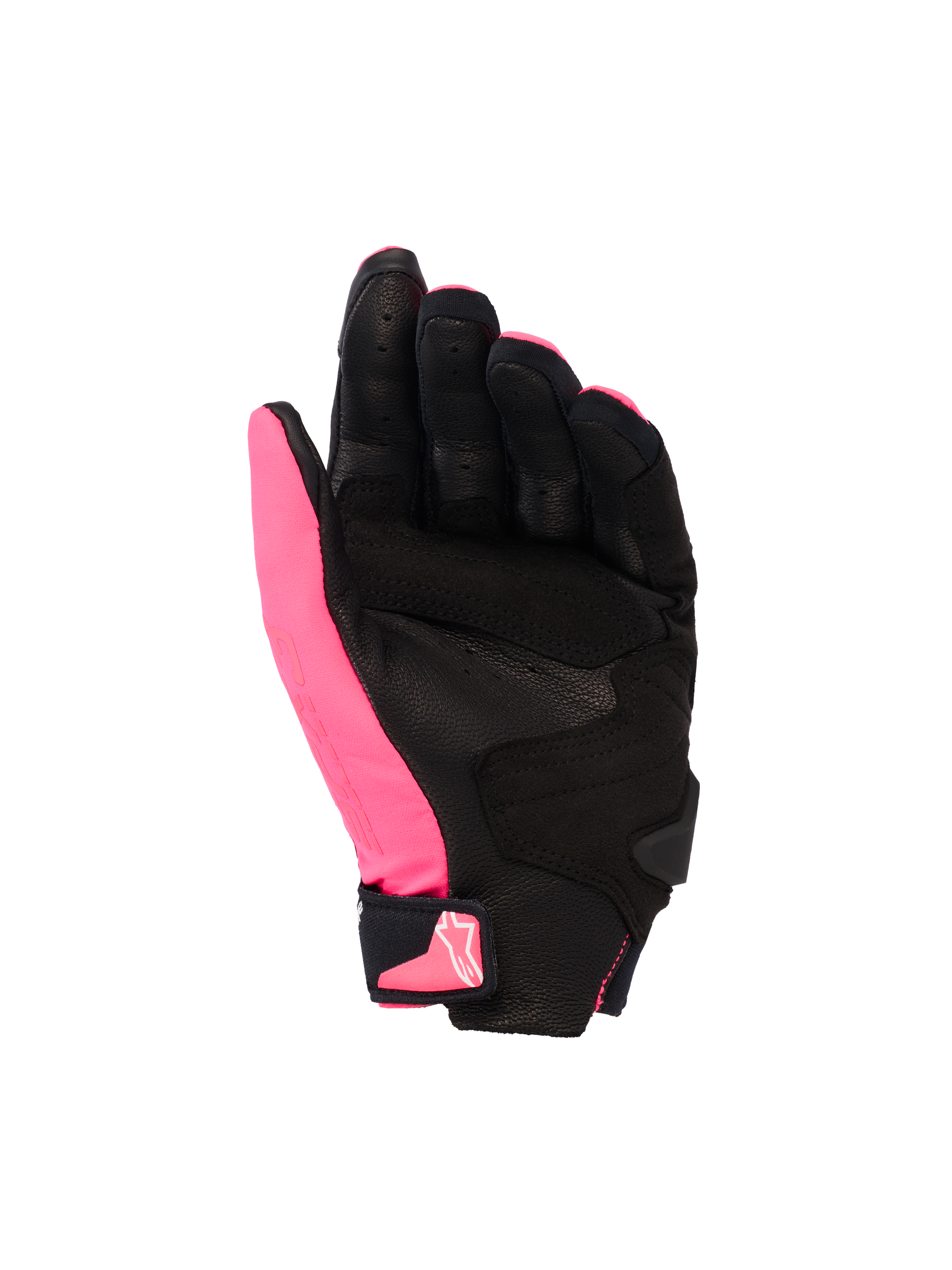 Gants Alpinestars Stella SP X 3, gants de moto pour femme, rose Diva, noir et blanc, vue de la paume montrant le cuir perforé et les empiècements synthétiques, paume noire avec pouce rose, fermeture velcro au poignet avec logo rose, design sportif ergonomique