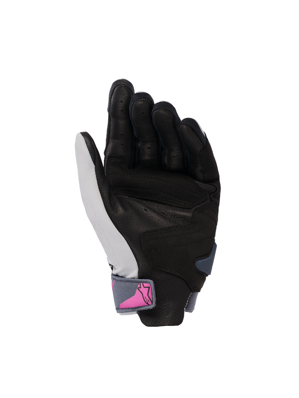 Gants Alpinestars Stella SP X 3, gants de moto pour femme, vue de la paume, gris moyen asphalte noir avec logo rose sur la sangle du poignet, paume en cuir perforé pour l'adhérence et la ventilation, design sportif pour la conduite sur route