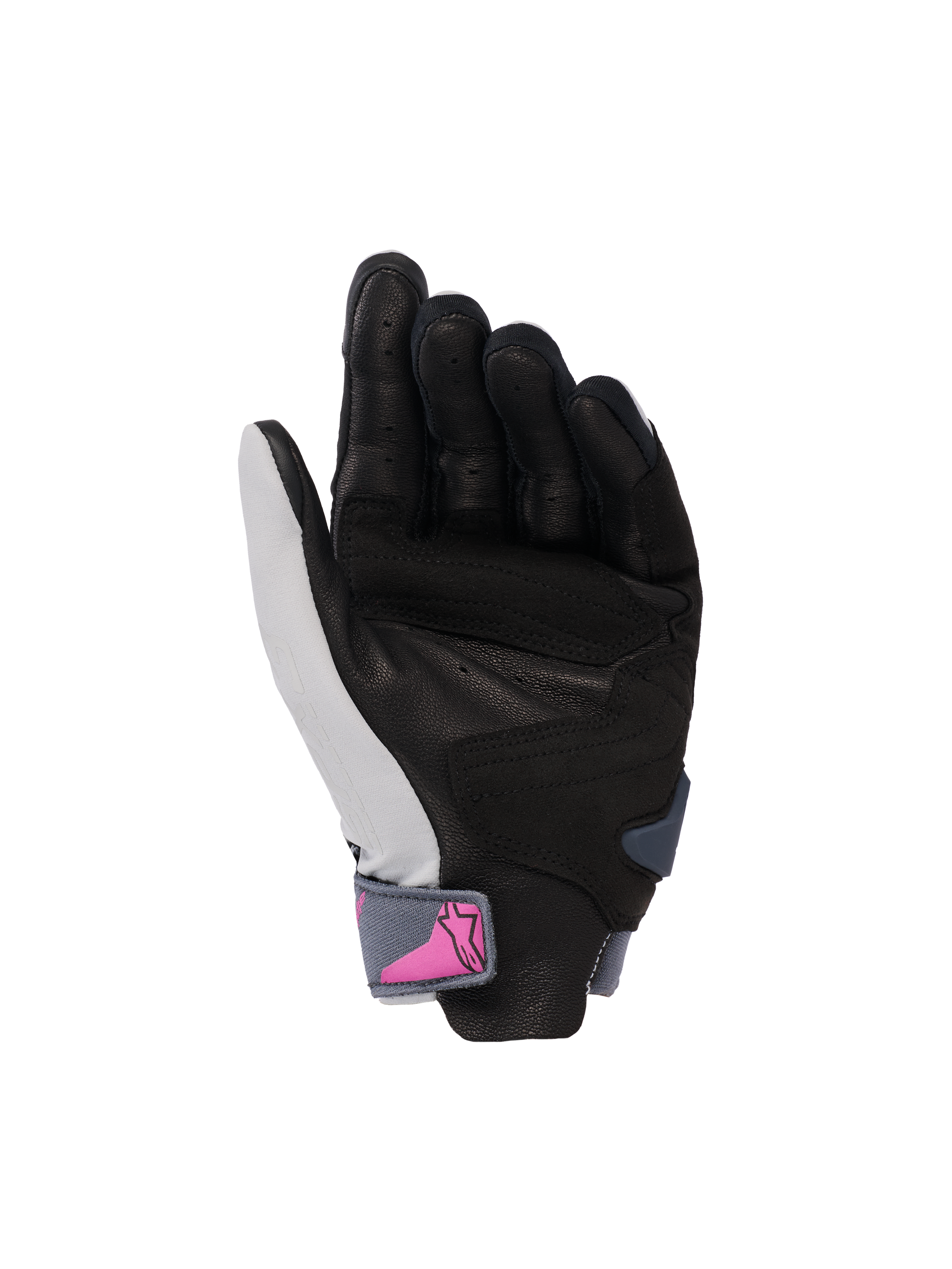 Gants Alpinestars Stella SP X 3, gants de moto pour femme, vue de la paume, gris moyen asphalte noir avec logo rose sur la sangle du poignet, paume en cuir perforé pour l'adhérence et la ventilation, design sportif pour la conduite sur route