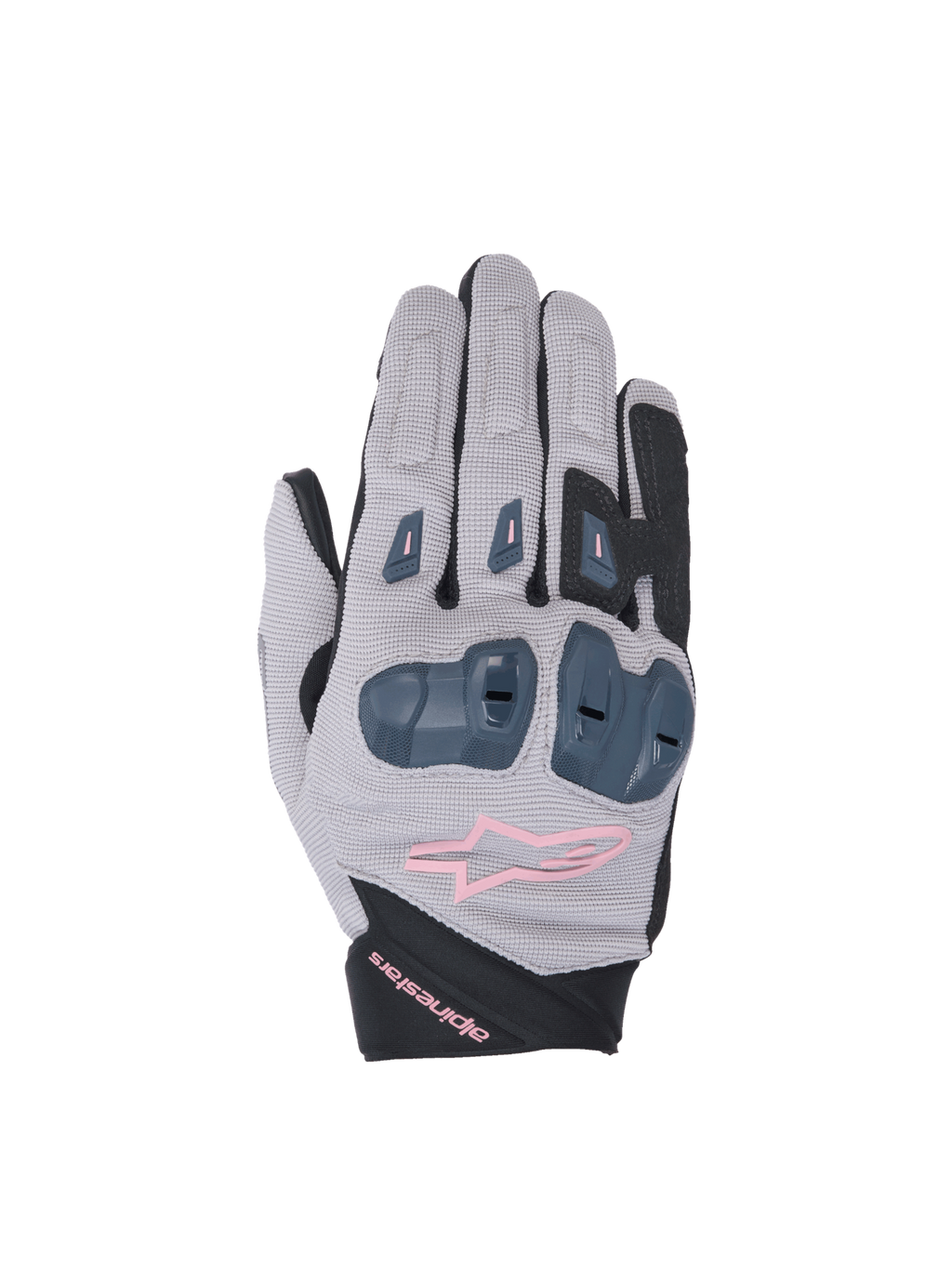 Alpinestars Stella SP X 1, gants de moto de course pour femme, gris et noirs avec touches de rose, protection des articulations en TPR, certifiés CE KP1, construction en textile ventilé