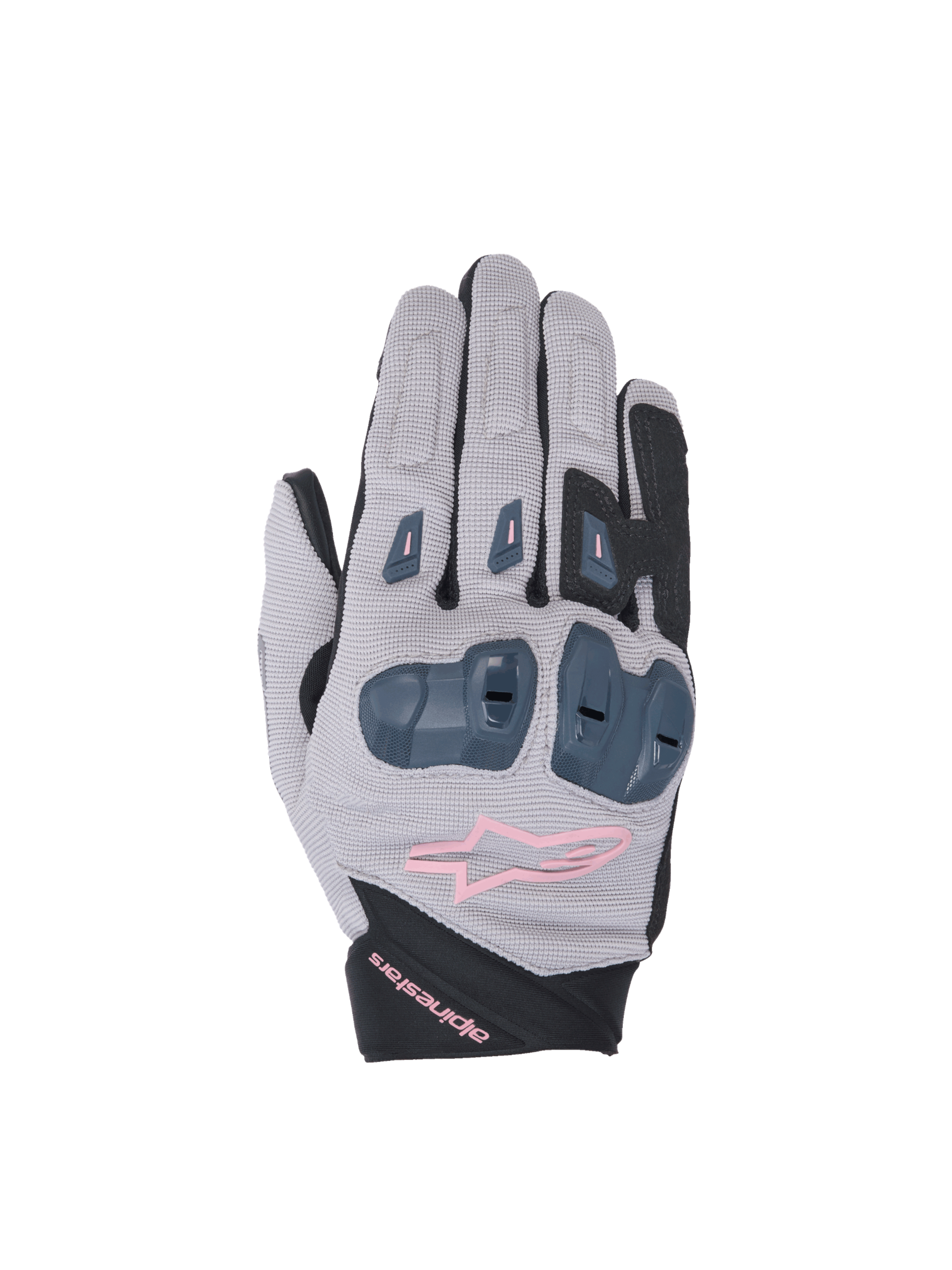 Alpinestars Stella SP X 1, gants de moto de course pour femme, gris et noirs avec touches de rose, protection des articulations en TPR, certifiés CE KP1, construction en textile ventilé