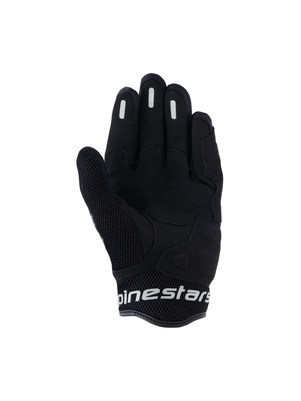 Gants Alpinestars Stella Mogress Airflow, gants de moto urbains pour femme, noirs, vue de la paume avec renfort synthétique, maille 3D respirante sur le pouce et la manchette, marquage Alpinestars blanc sur la manchette courte.