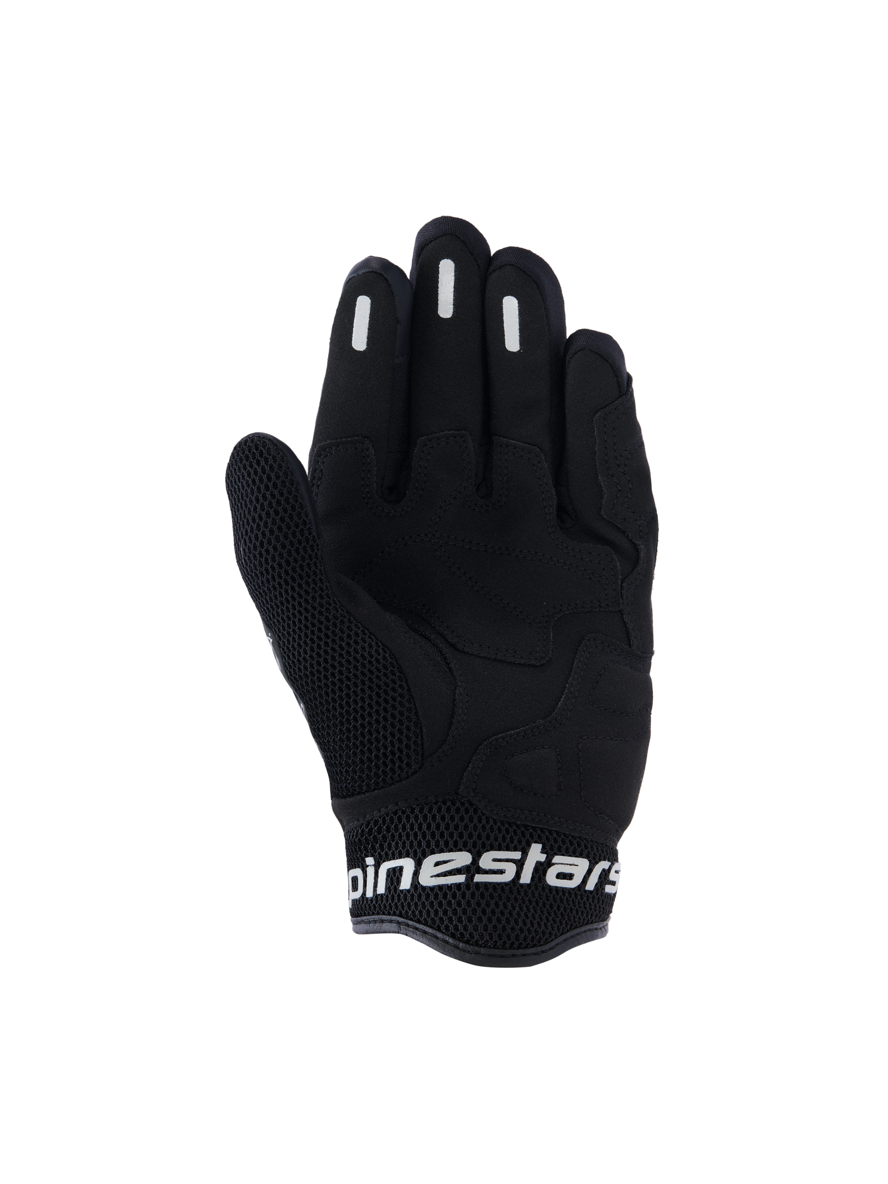 Gants Alpinestars Stella Mogress Airflow, gants de moto urbains pour femme, noirs, vue de la paume avec renfort synthétique, maille 3D respirante sur le pouce et la manchette, marquage Alpinestars blanc sur la manchette courte.