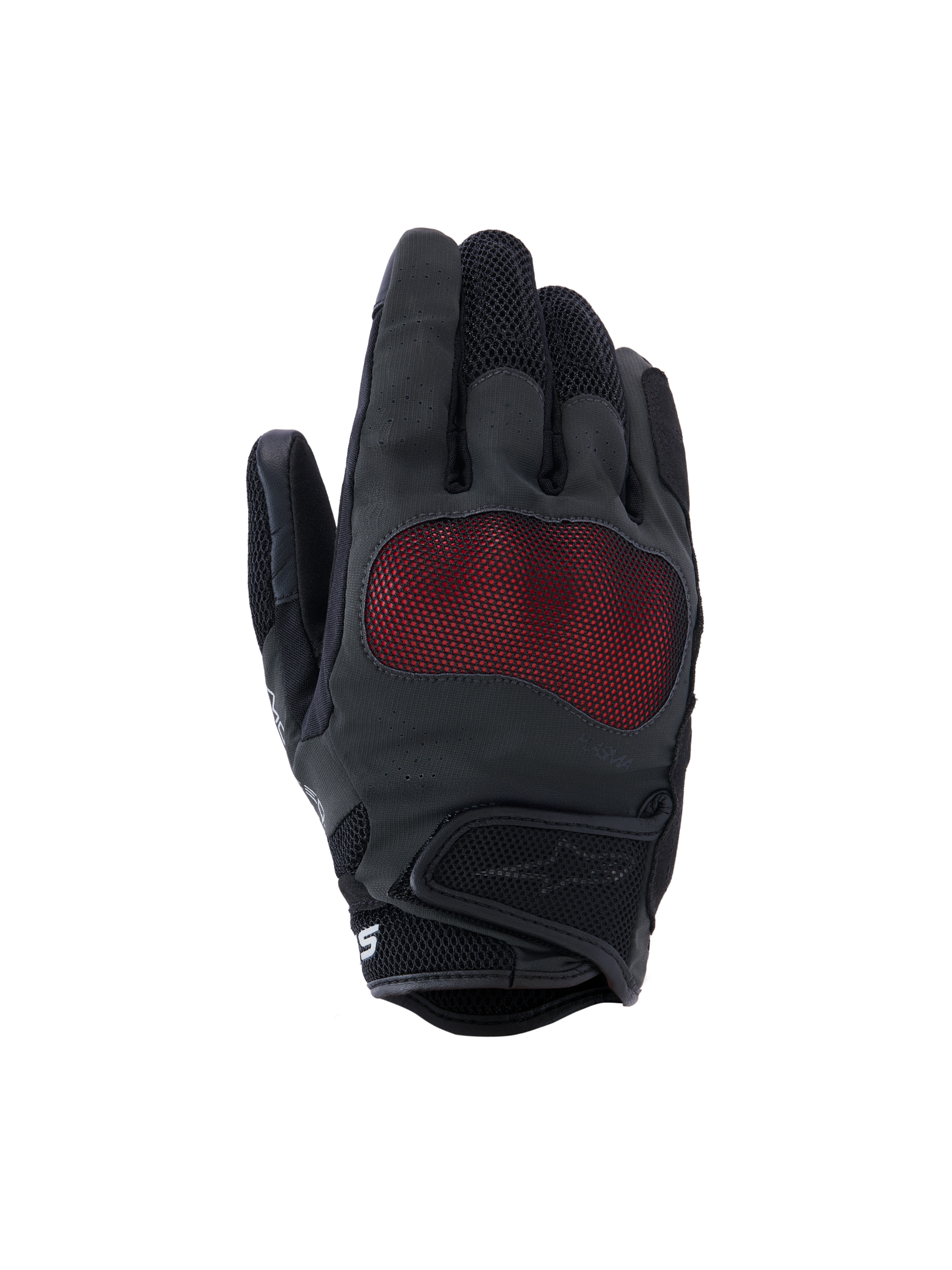 Gants Alpinestars Stella Mogress Airflow, gants de moto pour femme, noir anthracite et rouge, protection des articulations NUCLEON PLASMA avec mesh rouge, dos de la main perforé au laser, inserts en mesh 3D, manchette courte, design urbain respirant