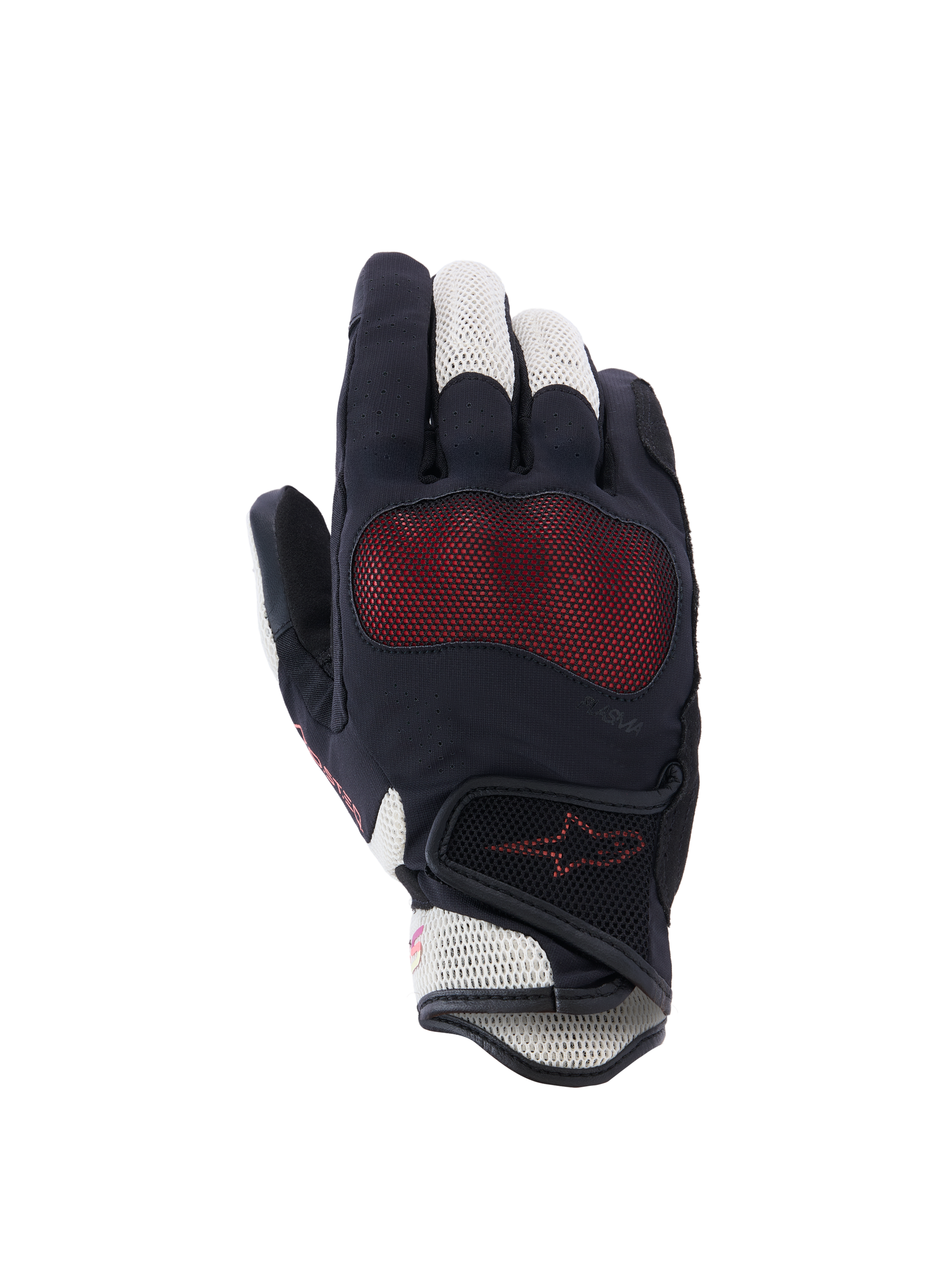 Gants Alpinestars Stella Mogress Airflow, gants de moto pour femme, noir, écru et corail dégradé, vue du dos de la main avec inserts en maille 3D, protection des articulations Nucleon Plasma et fermeture auto-agrippante au poignet.