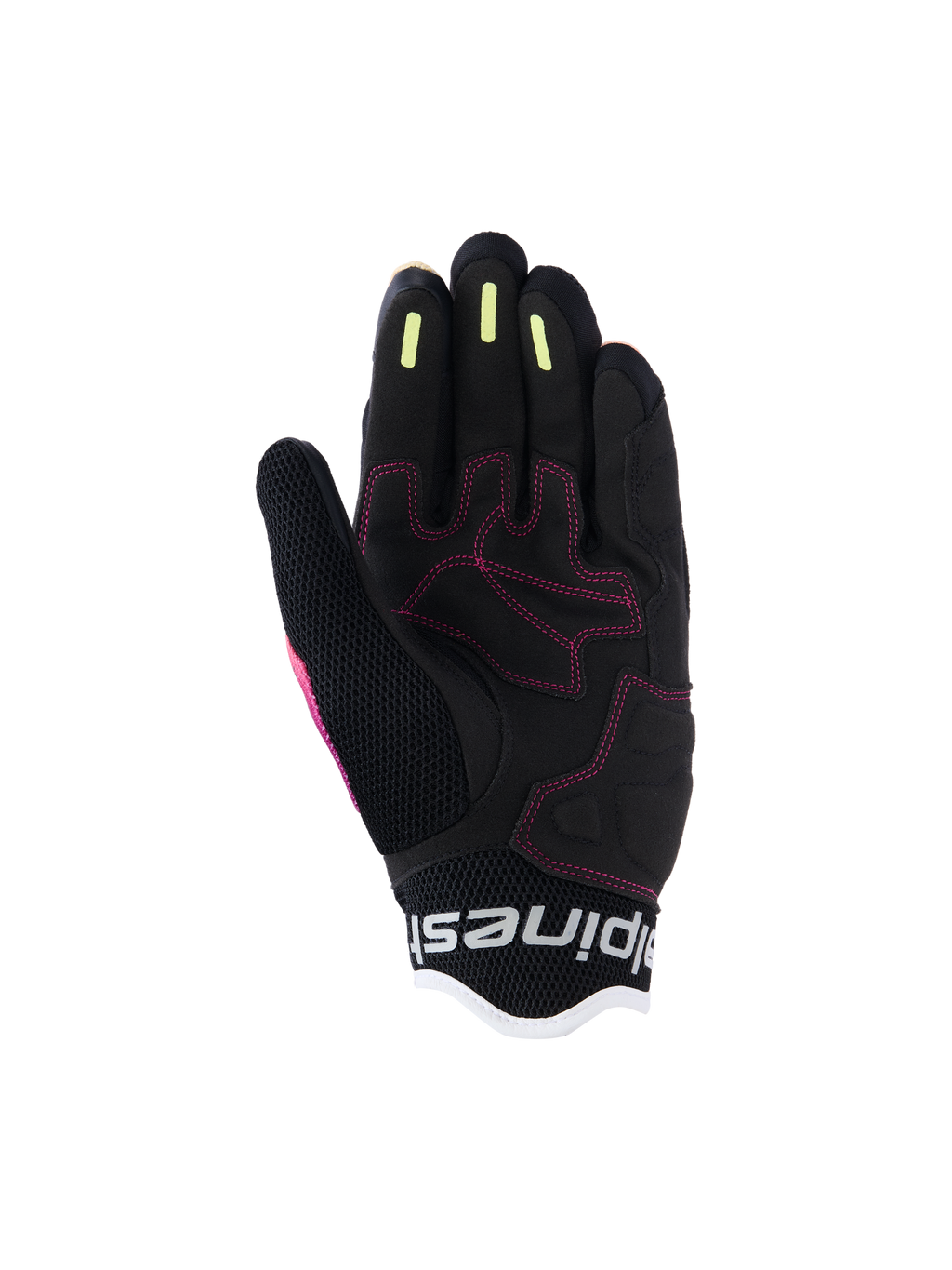 Gants Alpinestars Stella Mogress Airflow pour femme, gants de moto urbains, Fading Coral Black, vue détaillée de la paume avec surpiqûres roses, bandes d'adhérence en silicone jaune sur les doigts et construction en maille respirante.