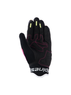 Gants Alpinestars Stella Mogress Airflow pour femme, gants de moto urbains, Fading Coral Black, vue détaillée de la paume avec surpiqûres roses, bandes d'adhérence en silicone jaune sur les doigts et construction en maille respirante.