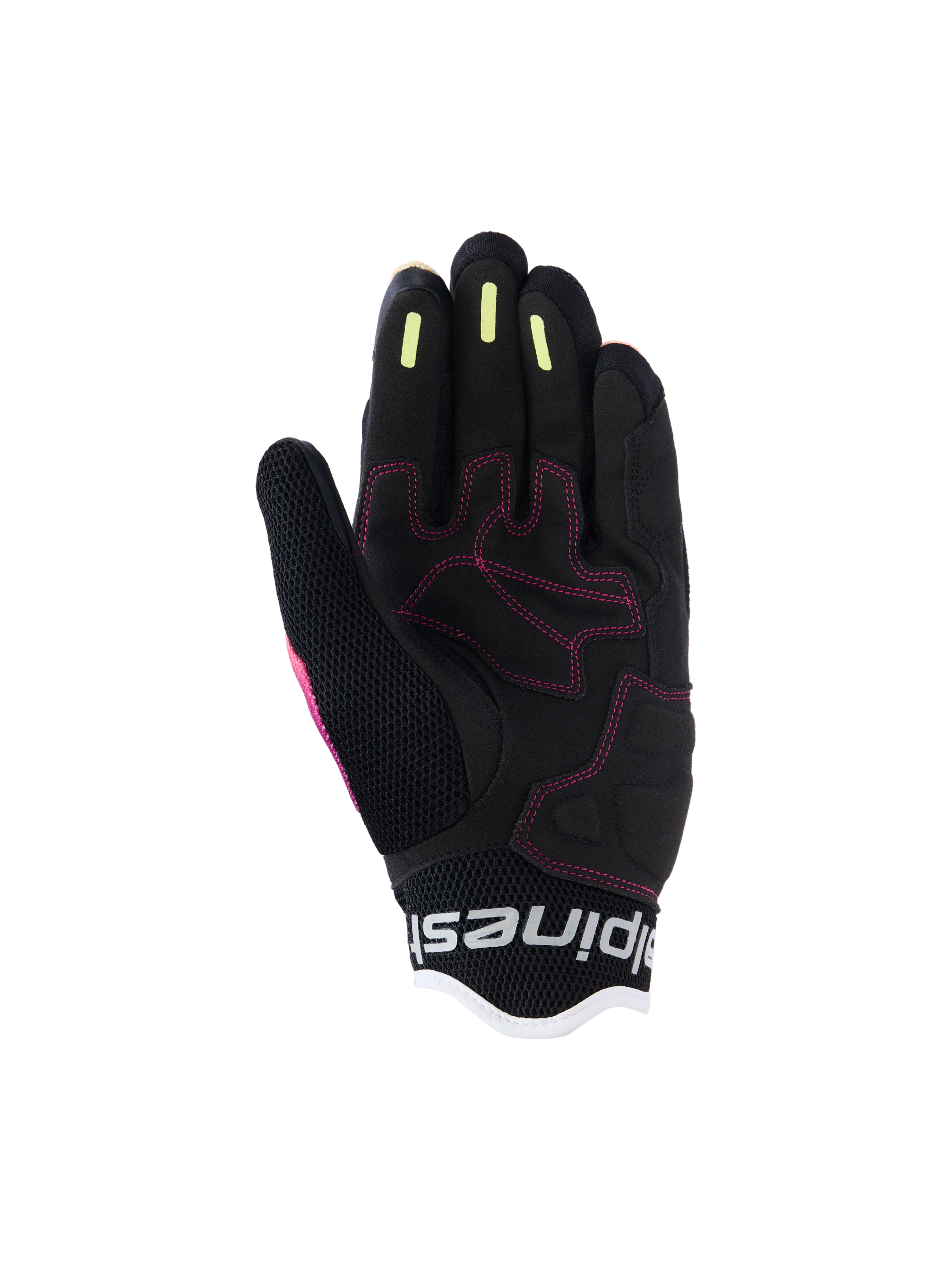 Gants Alpinestars Stella Mogress Airflow pour femme, gants de moto urbains, Fading Coral Black, vue détaillée de la paume avec surpiqûres roses, bandes d'adhérence en silicone jaune sur les doigts et construction en maille respirante.