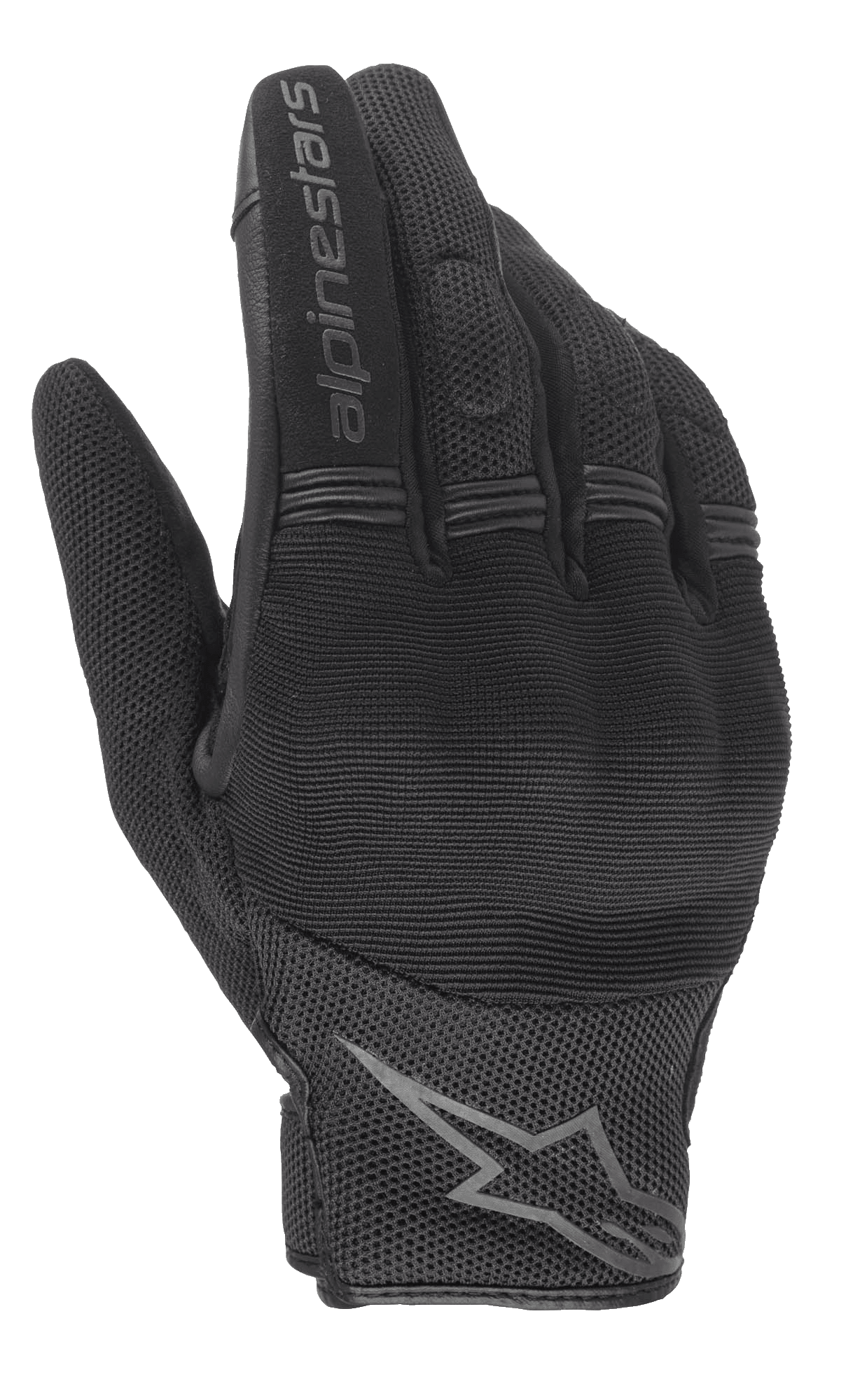 Alpinestars Stella Copper Women's Gloves, Black urban motorcycle gloves, backhand view featuring hard knuckle protection, breathable mesh textile, and Alpinestars branding on the index finger and wrist.