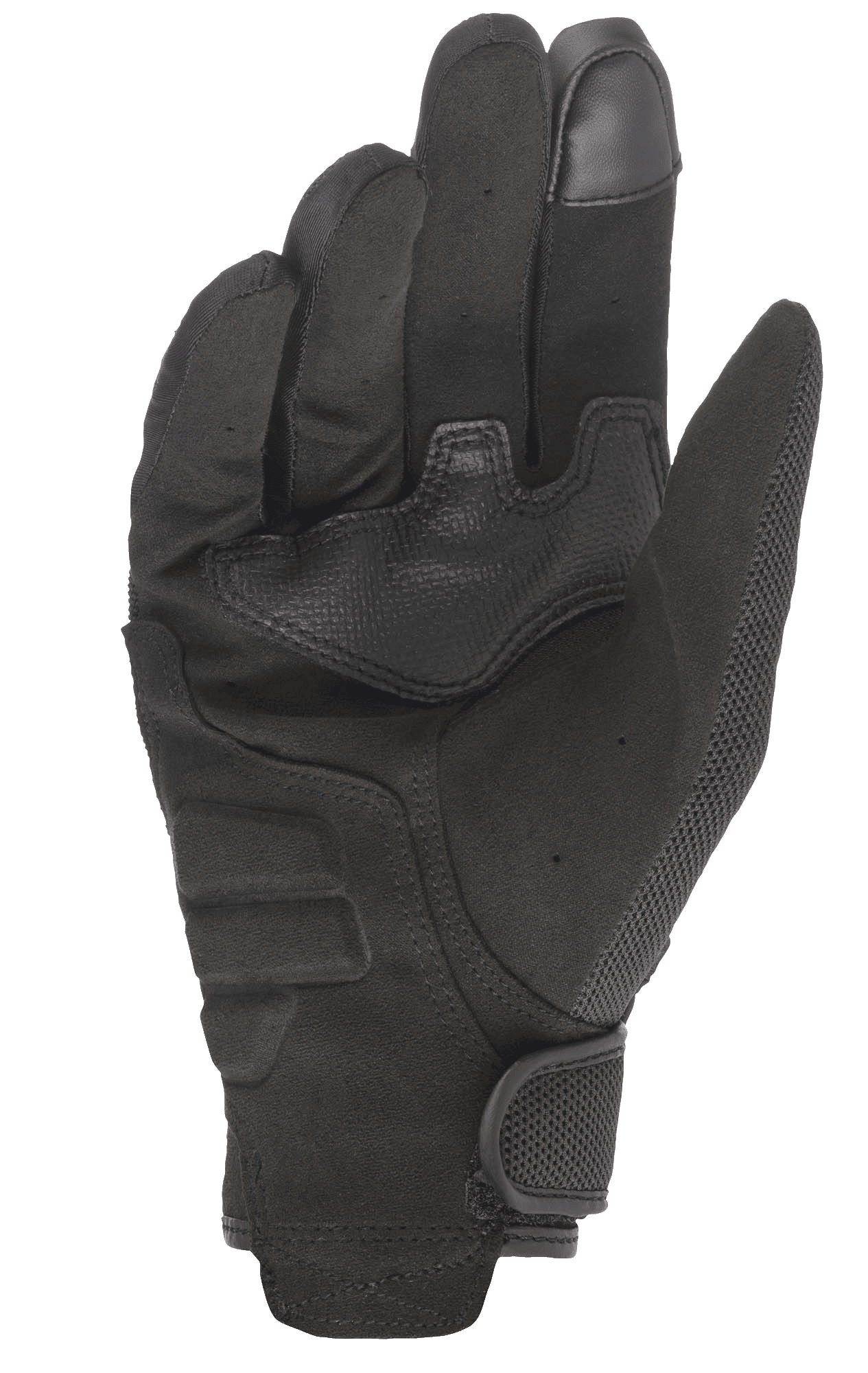 Gants de moto Alpinestars Stella Copper pour femme, vue de la paume, noirs, avec paume en daim synthétique et empiècements de renfort, bout du doigt compatible avec les écrans tactiles et fermeture du poignet par bande auto-agrippante