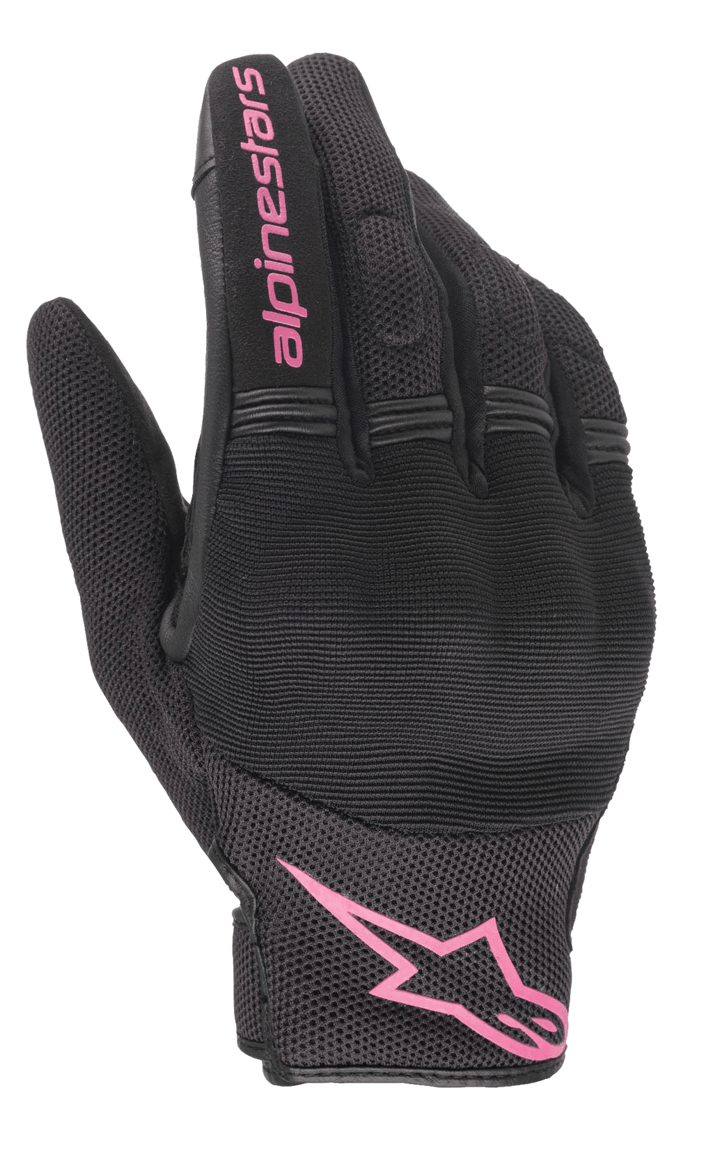 Gants Alpinestars Stella Copper, gants de moto pour femme, noir et fuchsia, logo Alpinestars rose sur le poignet et texte sur le doigt, conception en mesh et textile avec zone des articulations rembourrée, équipement de conduite urbaine