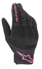 Gants Alpinestars Stella Copper, gants de moto pour femme, noir et fuchsia, logo Alpinestars rose sur le poignet et texte sur le doigt, conception en mesh et textile avec zone des articulations rembourrée, équipement de conduite urbaine