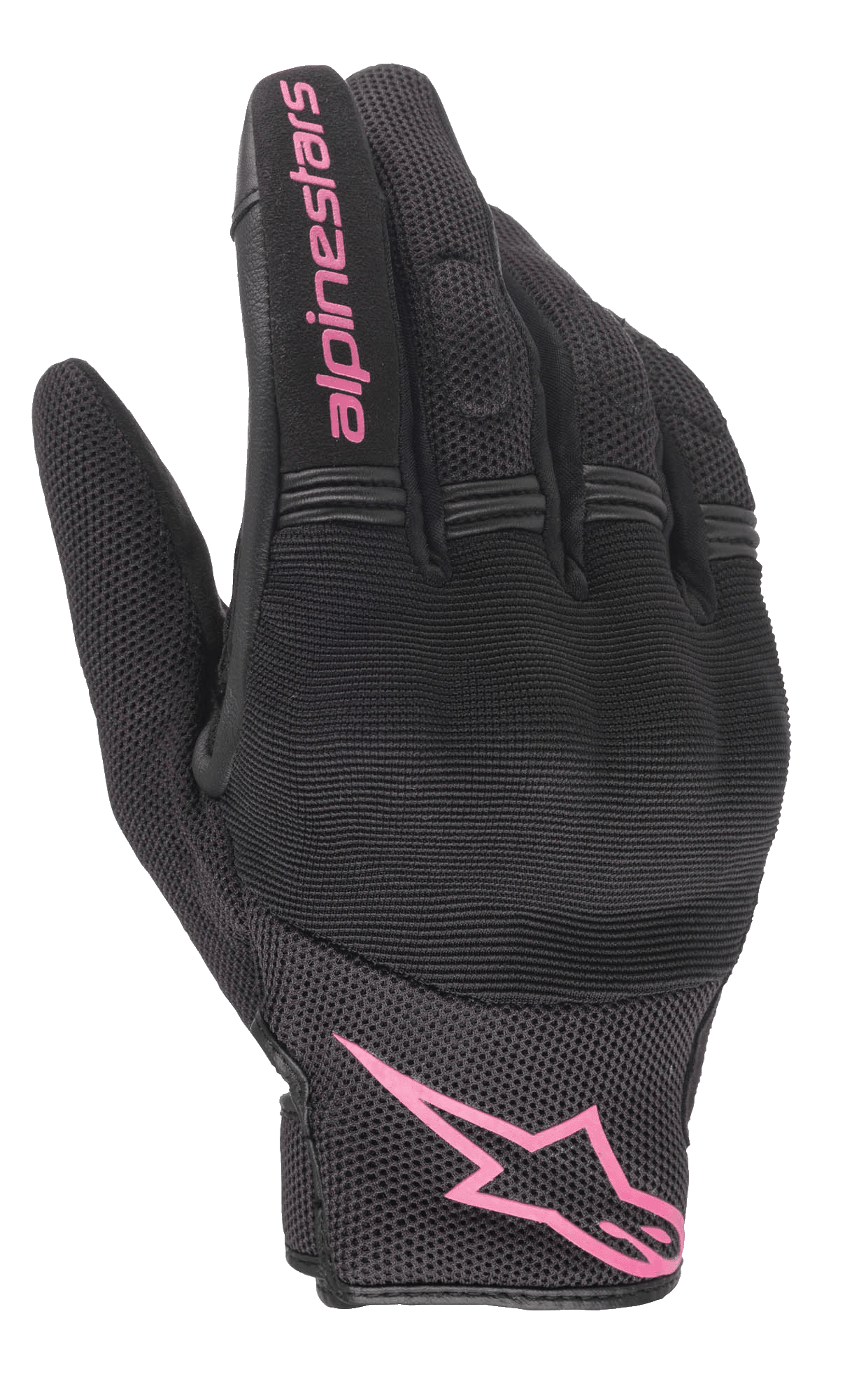 Gants Alpinestars Stella Copper, gants de moto pour femme, noir et fuchsia, logo Alpinestars rose sur le poignet et texte sur le doigt, conception en mesh et textile avec zone des articulations rembourrée, équipement de conduite urbaine