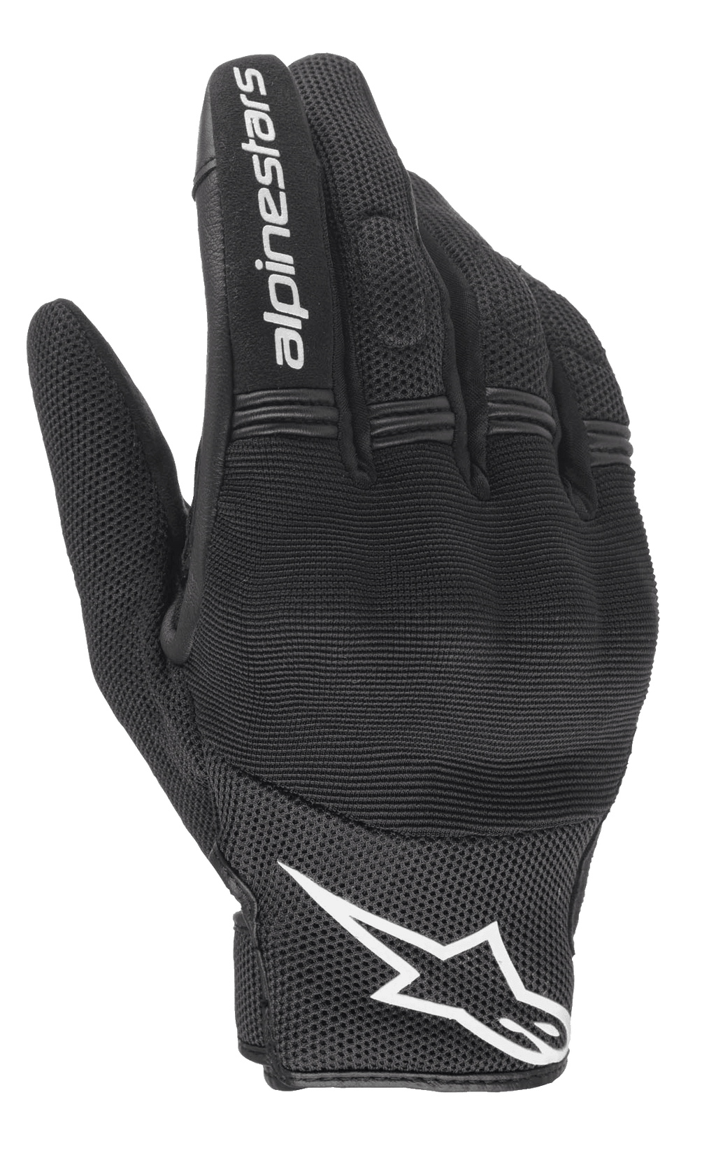 Gants Alpinestars Stella Copper Femme, noir et blanc, vue du dos de la main présentant une construction en mesh avec protection rigide des articulations sous spandex, lettrage Alpinestars blanc sur l'index et logo au poignet, équipement moto urbain à manchette courte.