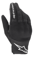 Gants Alpinestars Stella Copper Femme, noir et blanc, vue du dos de la main présentant une construction en mesh avec protection rigide des articulations sous spandex, lettrage Alpinestars blanc sur l'index et logo au poignet, équipement moto urbain à manchette courte.