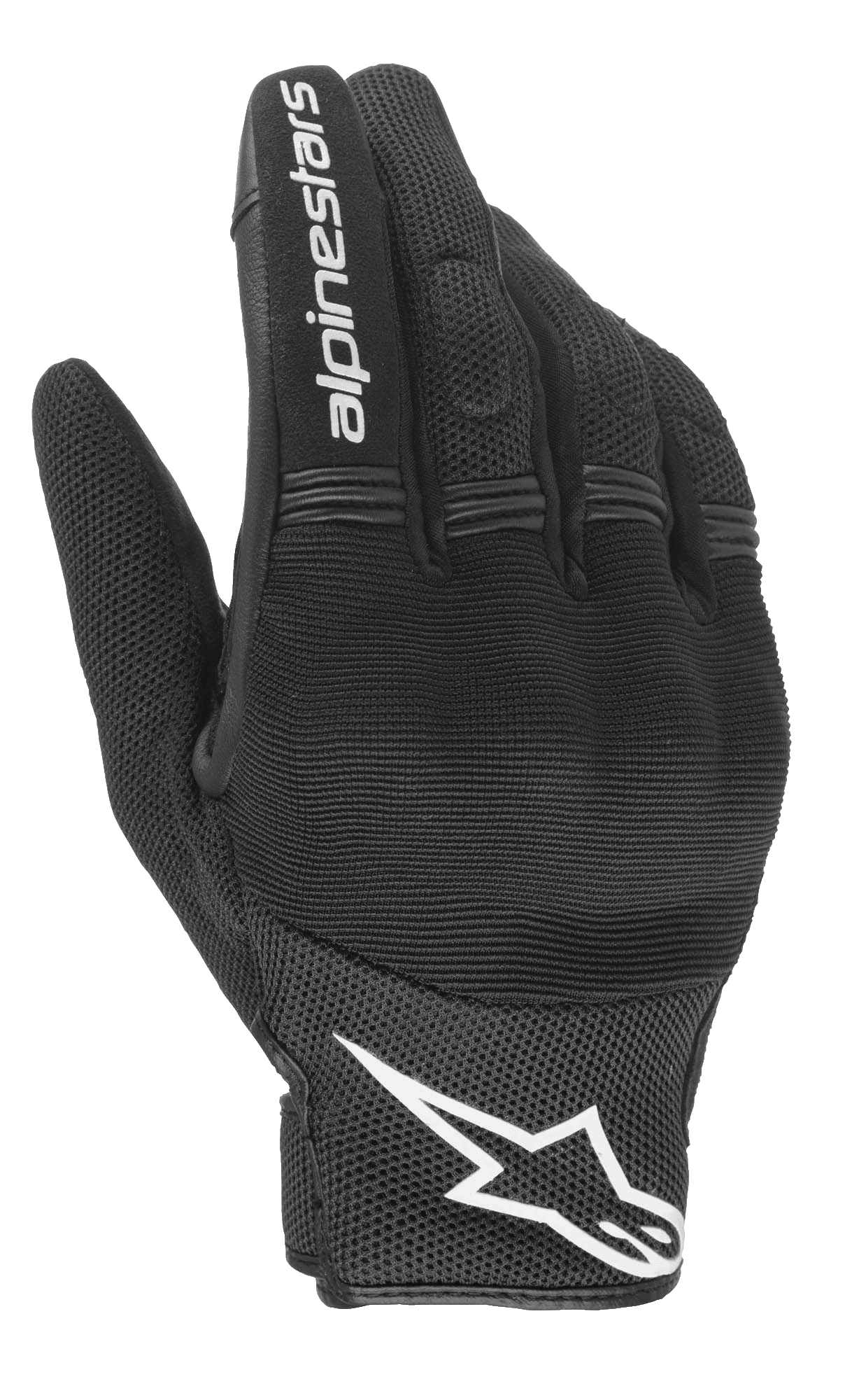 Gants Alpinestars Stella Copper Femme, noir et blanc, vue du dos de la main présentant une construction en mesh avec protection rigide des articulations sous spandex, lettrage Alpinestars blanc sur l'index et logo au poignet, équipement moto urbain à manchette courte.