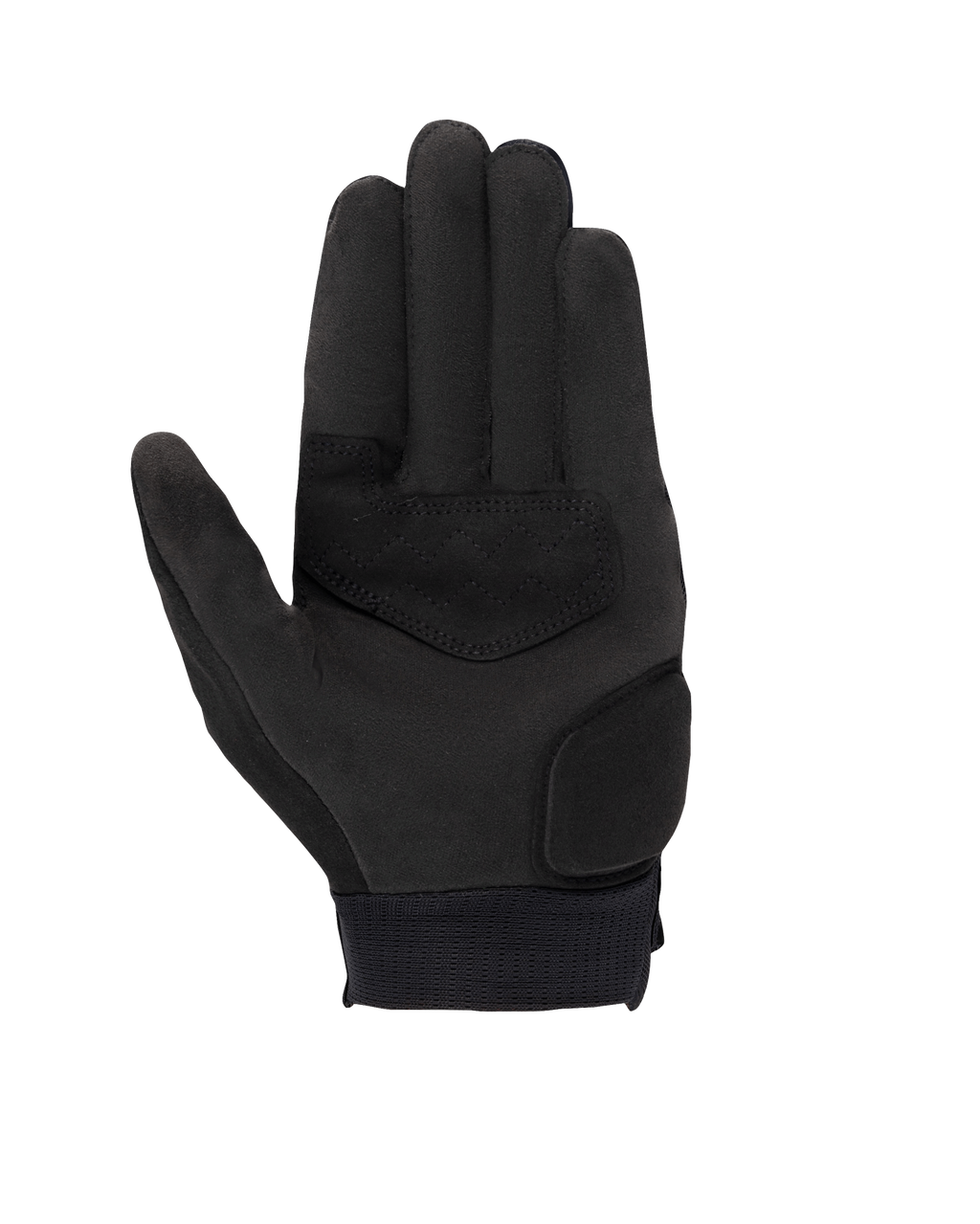 Gants Alpinestars Stated pour femme, noir, vue de la paume montrant le matériau en daim synthétique, zones de la paume et du pouce renforcées, bouts des doigts compatibles avec les écrans tactiles et poignet élastique, équipement de moto urbain