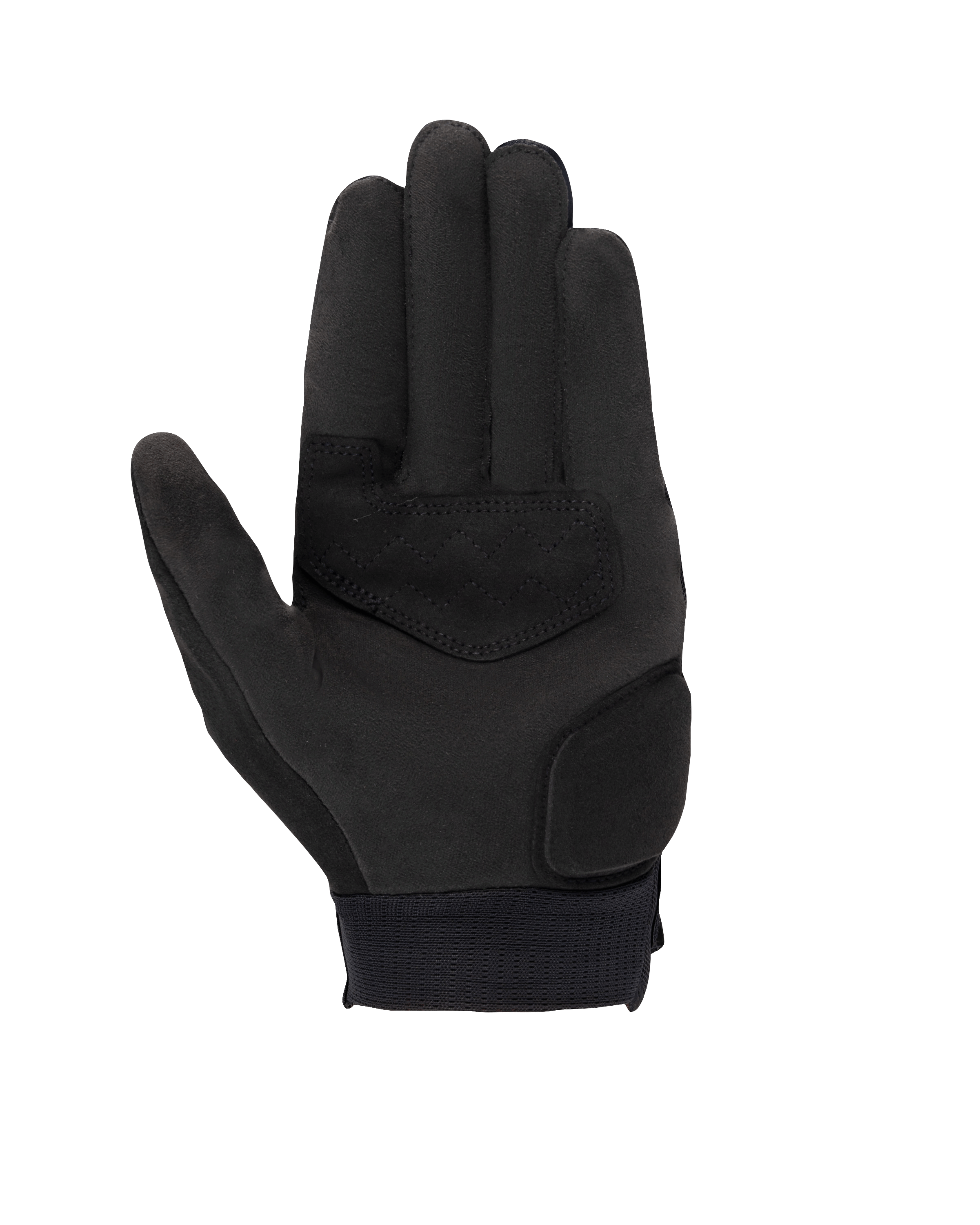 Gants Alpinestars Stated pour femme, noir, vue de la paume montrant le matériau en daim synthétique, zones de la paume et du pouce renforcées, bouts des doigts compatibles avec les écrans tactiles et poignet élastique, équipement de moto urbain