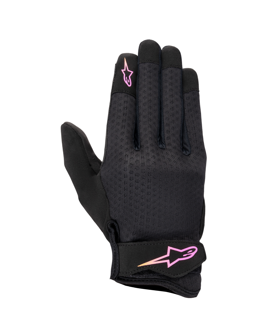 Gants femme Alpinestars Stated, gants de moto urbains, noirs avec logo dégradé rose et jaune, dos en airprene texturé, sangle velcro au poignet, équipement d'été léger et respirant