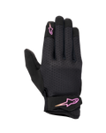 Gants femme Alpinestars Stated, gants de moto urbains, noirs avec logo dégradé rose et jaune, dos en airprene texturé, sangle velcro au poignet, équipement d'été léger et respirant