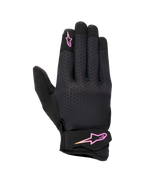 Gants femme Alpinestars Stated, gants de moto urbains, noirs avec logo dégradé rose et jaune, dos en airprene texturé, sangle velcro au poignet, équipement d'été léger et respirant