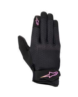 Gants femme Alpinestars Stated, gants de moto urbains, noirs avec logo dégradé rose et jaune, dos en airprene texturé, sangle velcro au poignet, équipement d'été léger et respirant