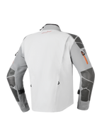 Alpinestars Nazca 3L GORE-TEX PRO Jacket, veste de moto d'aventure, gris foncé et gris moyen, vue arrière présentant des renforts Superfabric sur les manches et les épaules, détails de fermeture éclair orange et construction laminée technique à 3 couches.