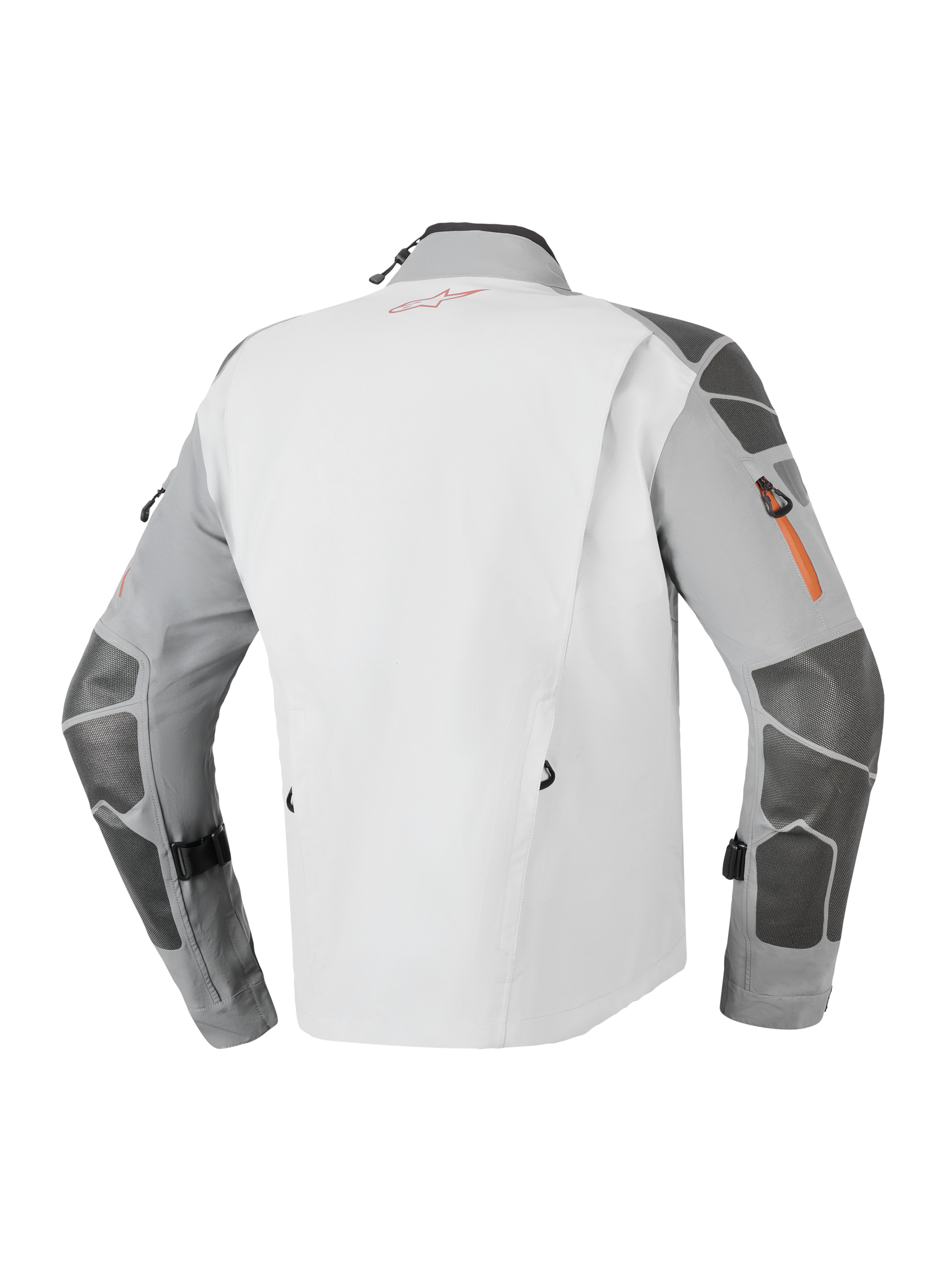Alpinestars Nazca 3L GORE-TEX PRO Jacket, veste de moto d'aventure, gris foncé et gris moyen, vue arrière présentant des renforts Superfabric sur les manches et les épaules, détails de fermeture éclair orange et construction laminée technique à 3 couches.