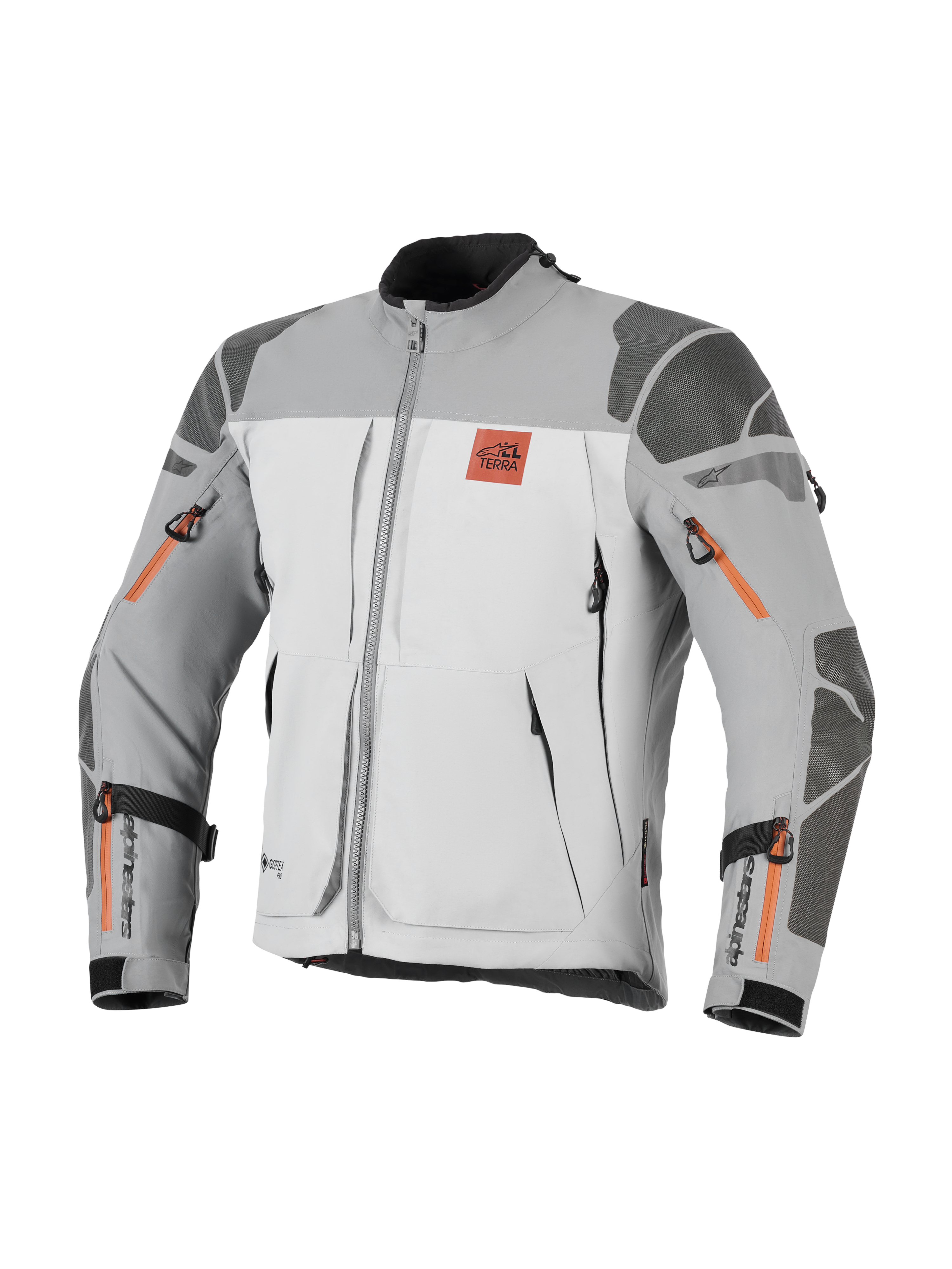 Veste Alpinestars Nazca 3L GORE-TEX PRO, veste de moto aventure, gris foncé et gris moyen avec des touches d'orange sur les fermetures éclair, arborant le logo All Terra sur la poitrine, renforts Superfabric aux épaules et aux coudes, multiples ouvertures de ventilation zippées, design touring robuste
