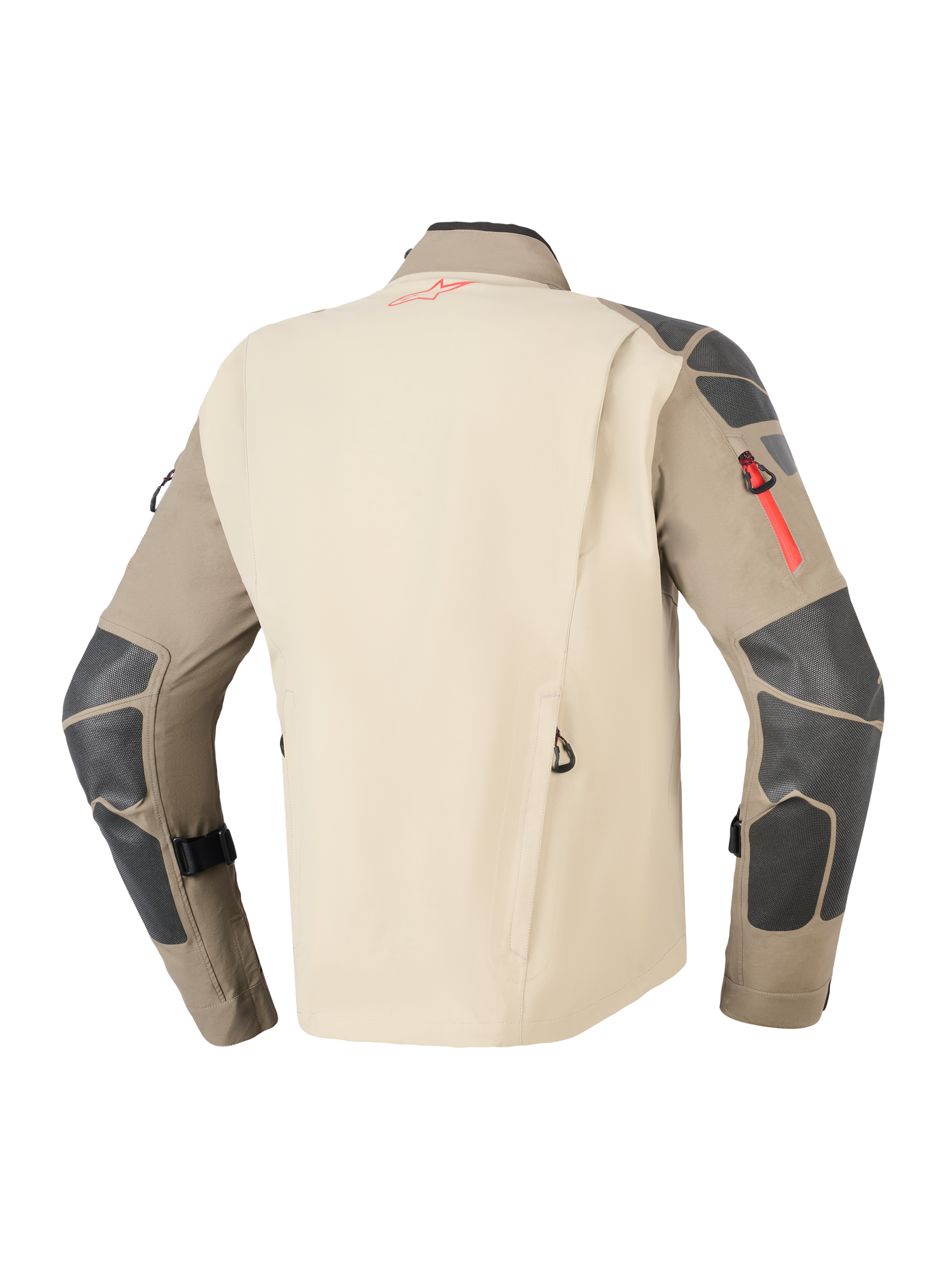 Alpinestars Nazca 3L GORE-TEX PRO Jacket, Walnut Rock Brown, Rear view showing tan back panel and brown sleeves with dark grey reinforcements on shoulders and elbows, red zipper and logo accents, durable adventure motorcycle touring gear