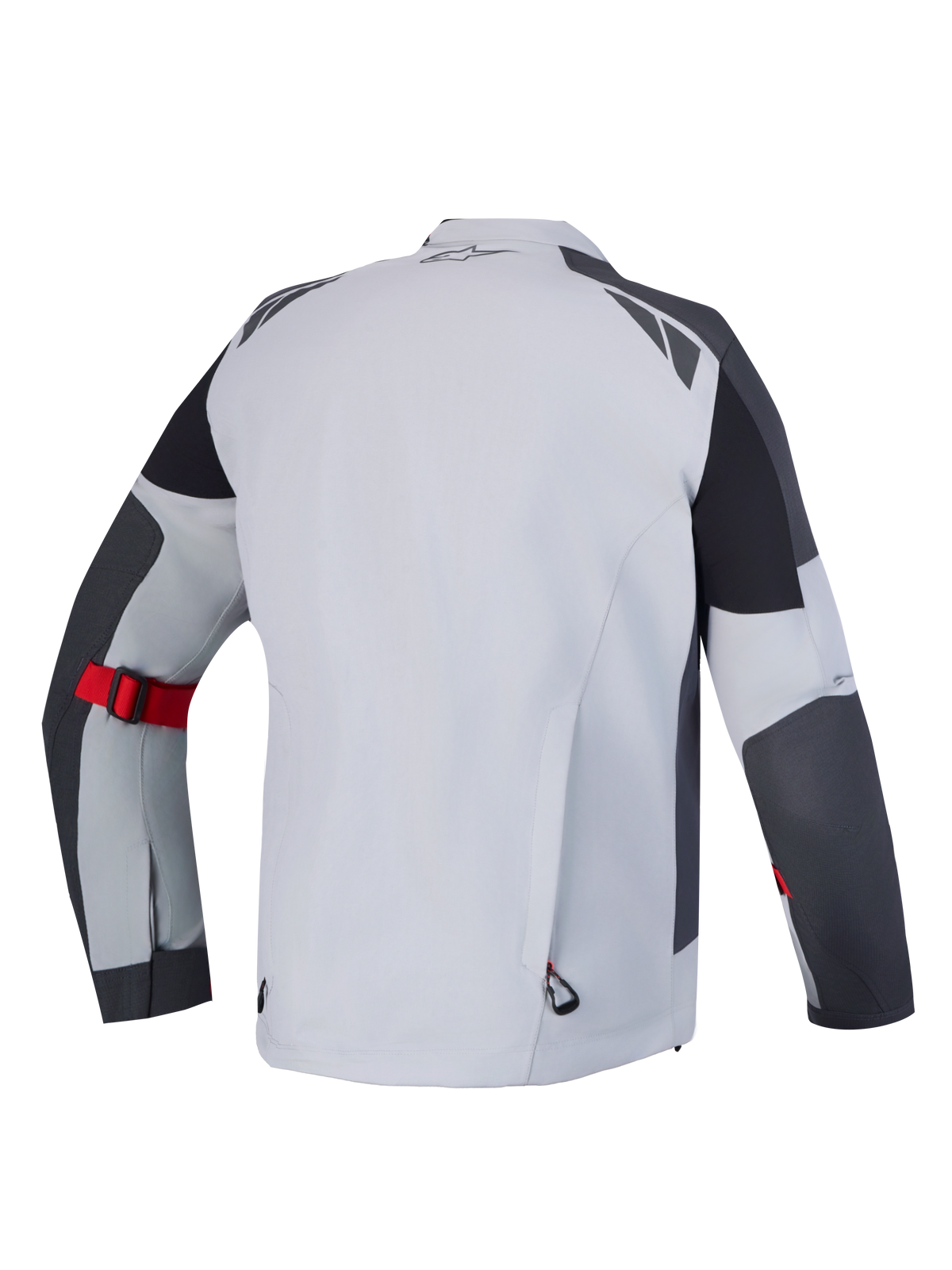 Alpinestars Arenis Gore-Tex, veste de moto adventure touring, vue de dos en gris moyen, gris foncé et noir avec sangle de réglage rouge sur l'avant-bras et construction imperméable