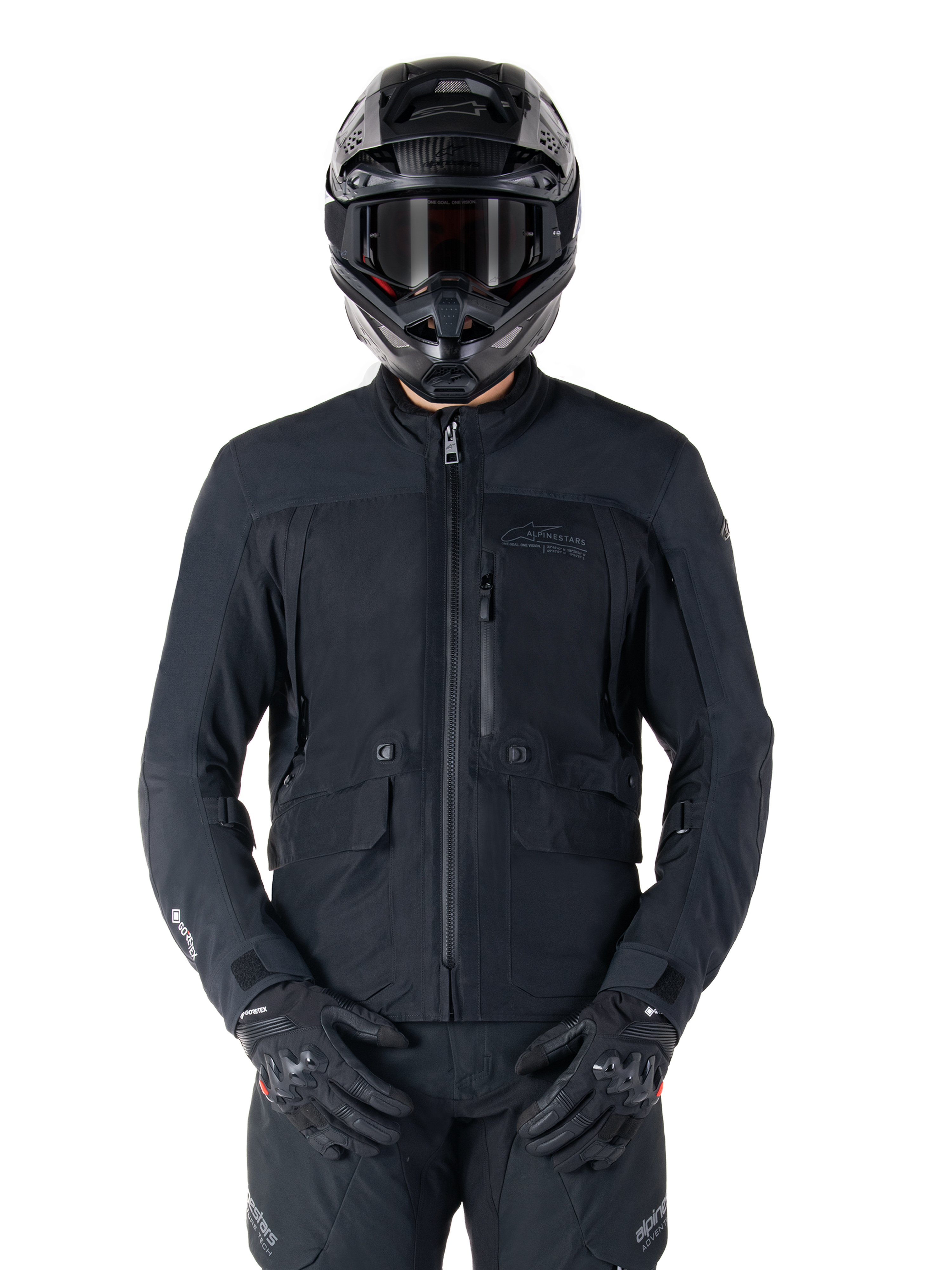 Veste Alpinestars St-7 Prime GORE-TEX, veste de moto touring noire, imperméable et respirante, fermeture éclair frontale, poches multiples, portée avec un casque et des gants assortis, protection haut de gamme pour rouler par tous les temps