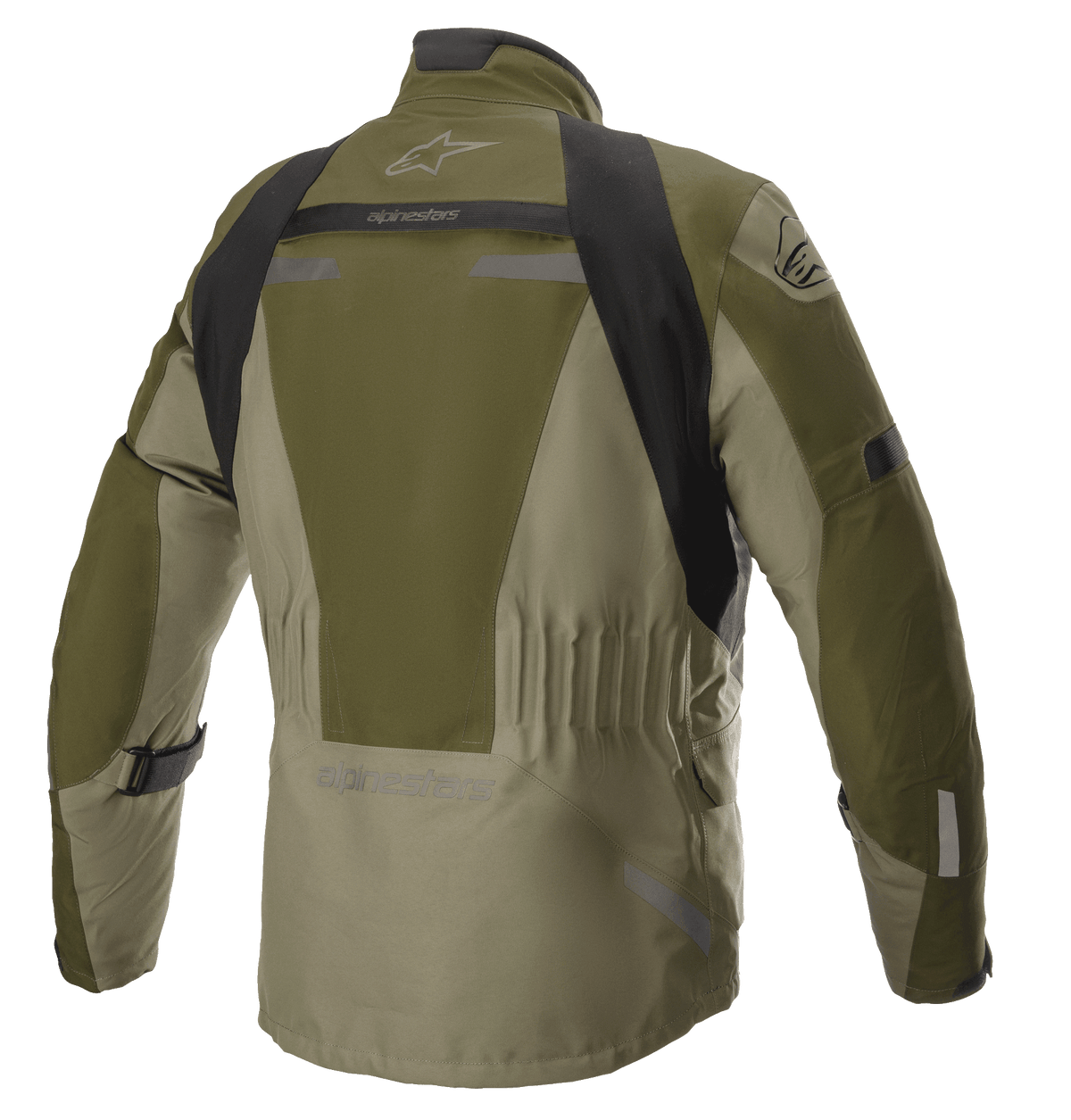 Alpinestars Altamira GORE-TEX Jacket, Forest Military Green, back view of technical motorcycle touring jacket with black shoulder panels, elasticated waist, and Alpinestars branding, featuring reflective accents and durable textile construction.