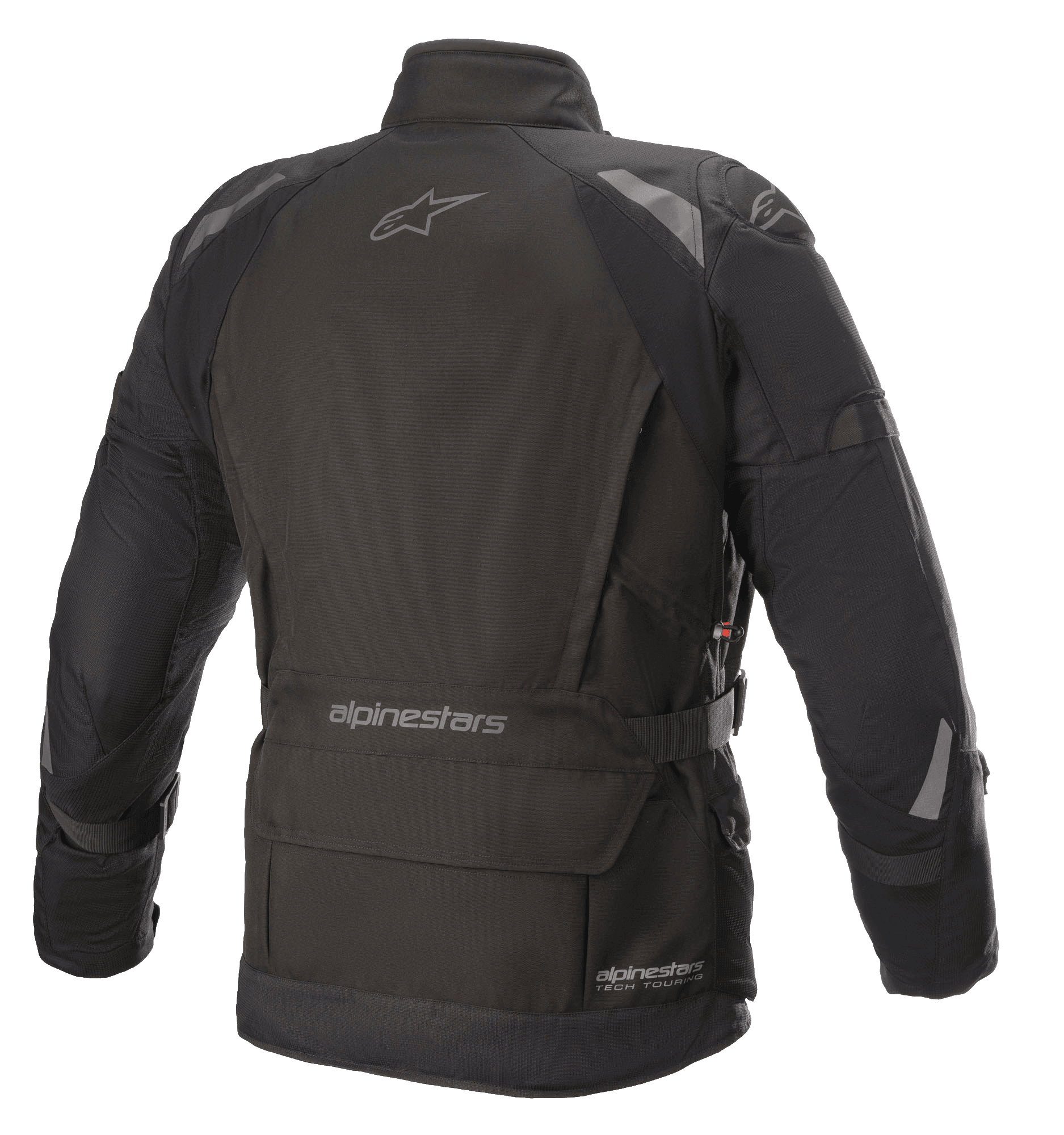 Veste Alpinestars Ketchum GORE-TEX, veste de moto, noire, vue arrière présentant une coupe touring allongée, détails réfléchissants sur les épaules et les bras, avec logos Alpinestars sur le haut du dos et au niveau de la taille.