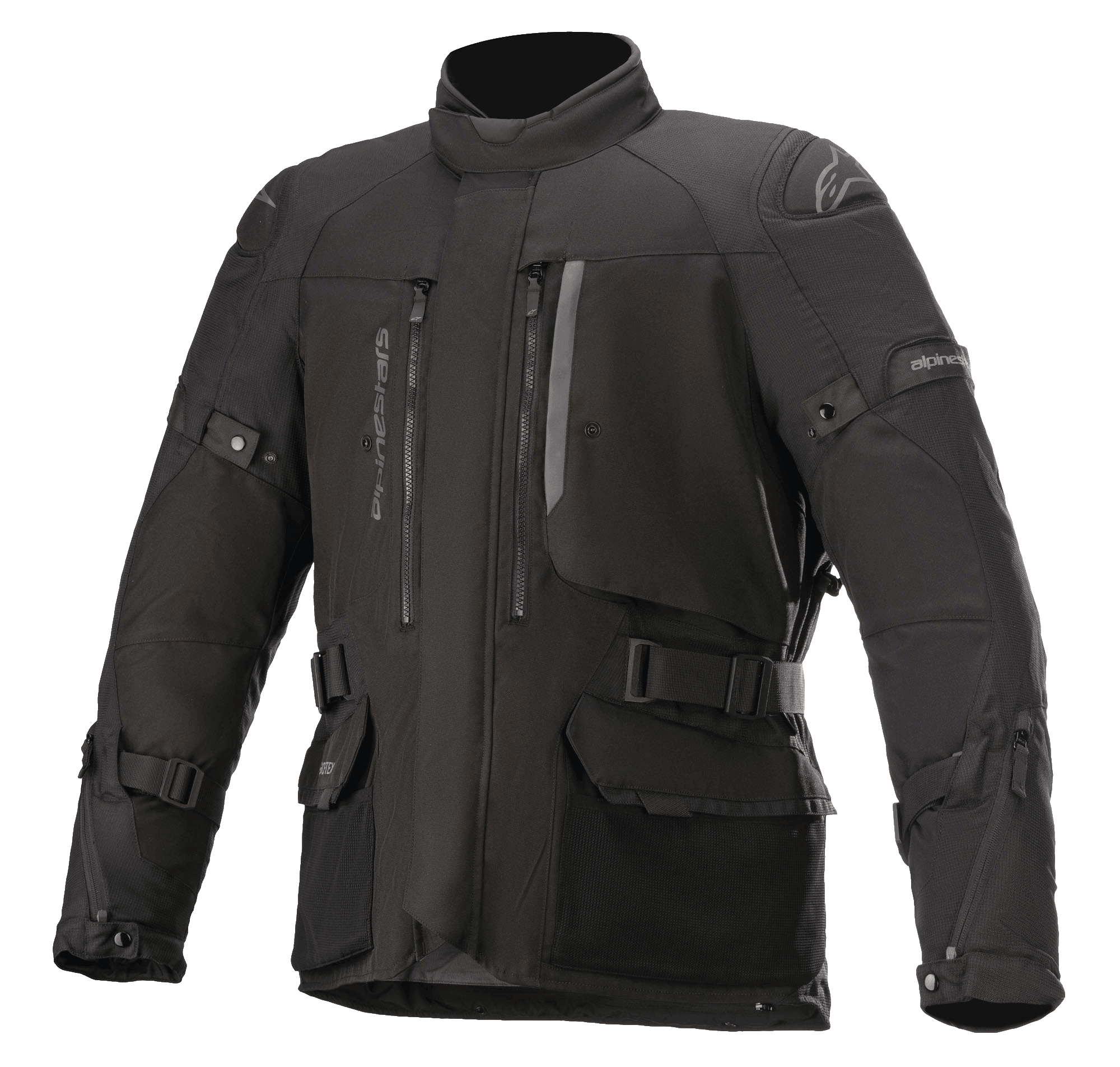 Veste Alpinestars Ketchum GORE-TEX, veste de moto touring noire, avec col montant, multiples aérations zippées, grandes poches cargo, sangles de réglage aux manches et à la taille, empiècements renforcés aux épaules et construction textile robuste pour l'aventure