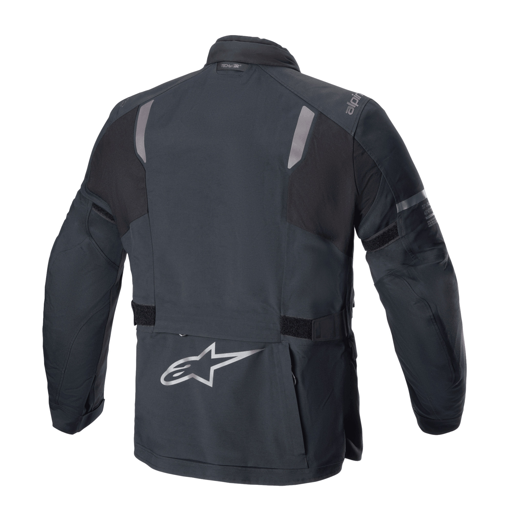 Veste Alpinestars ST-7 2L GORE-TEX, vue arrière, noir et gris foncé, avec panneaux réfléchissants aux épaules, logo étoile Alpinestars argenté dans le bas du dos et sangles de réglage à la taille, équipement de moto adventure touring