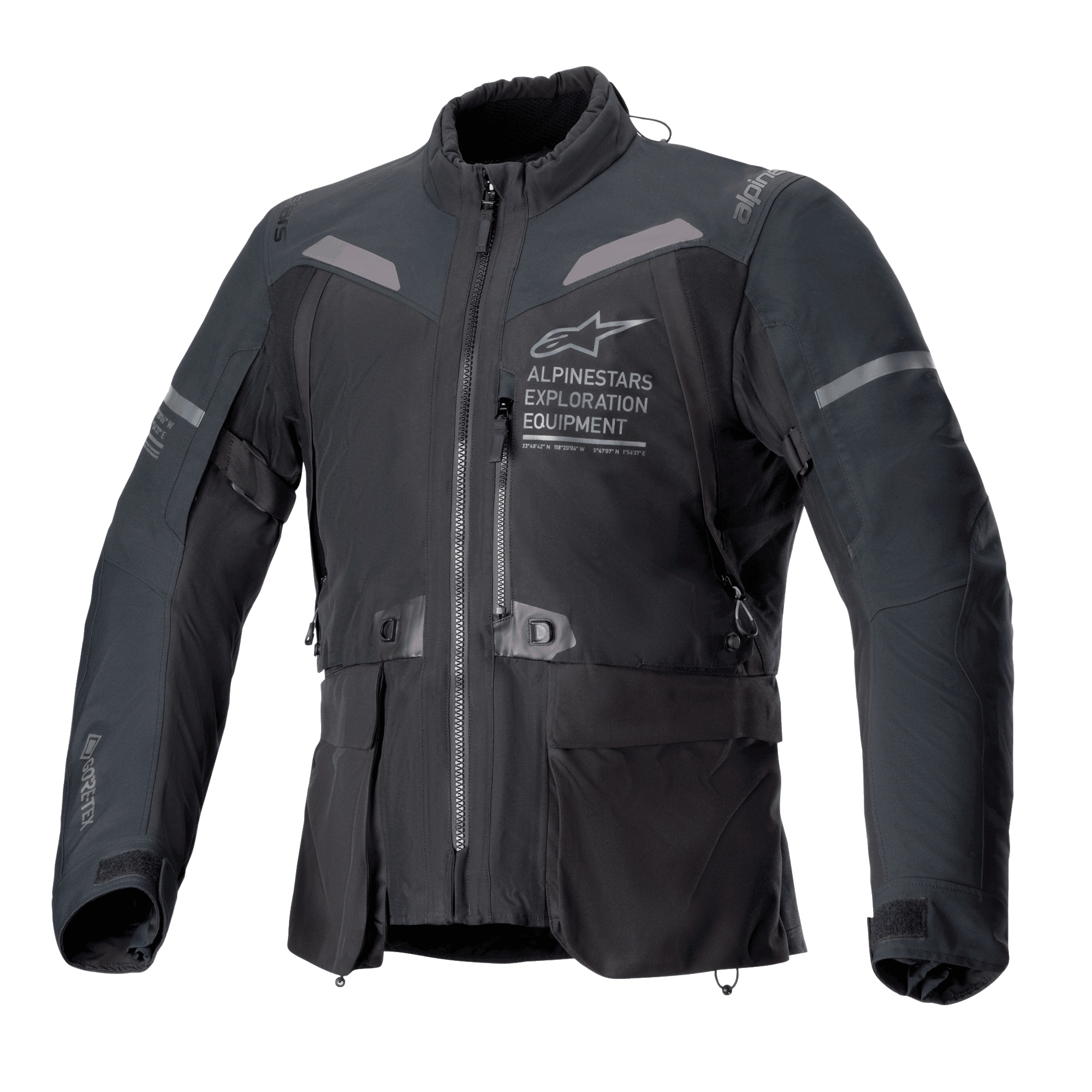 Veste Alpinestars ST-7 2L GORE-TEX, veste de moto noire et gris foncé, vue de face avec de grandes poches cargo, des détails réfléchissants sur les épaules et le logo Alpinestars Exploration Equipment sur la poitrine, équipement de touring d'aventure imperméable