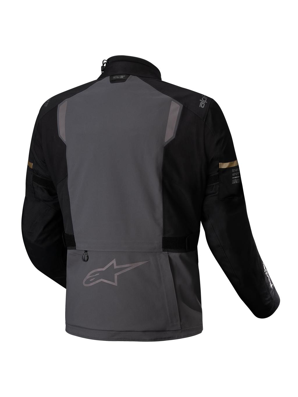 Alpinestars ST-7 2L GORE-TEX Jacket, waterproof adventure motorcycle touring jacket, back view showing deep gray and black colorway with reflective details and CE certification