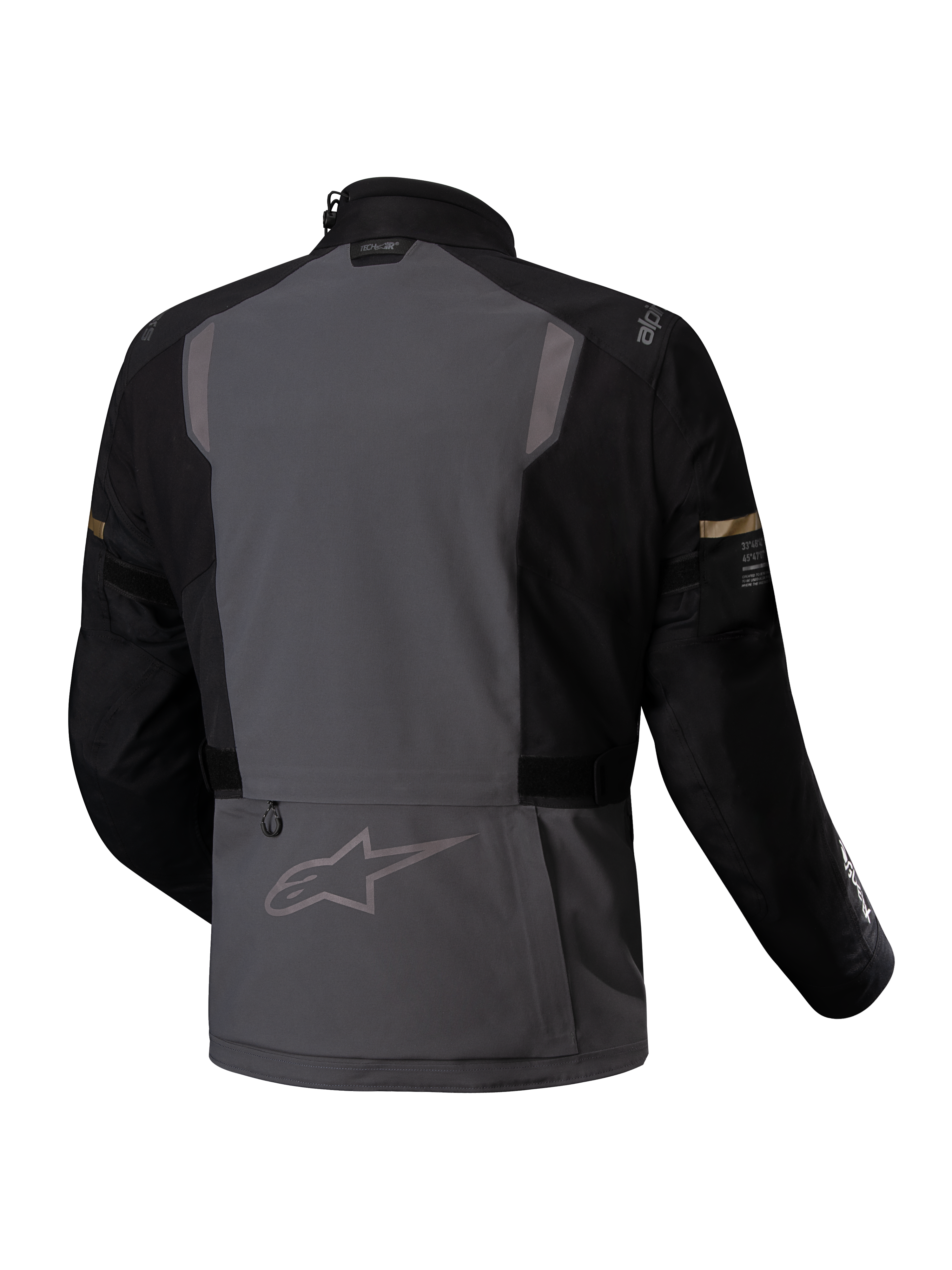 Alpinestars ST-7 2L GORE-TEX Jacket, waterproof adventure motorcycle touring jacket, back view showing deep gray and black colorway with reflective details and CE certification