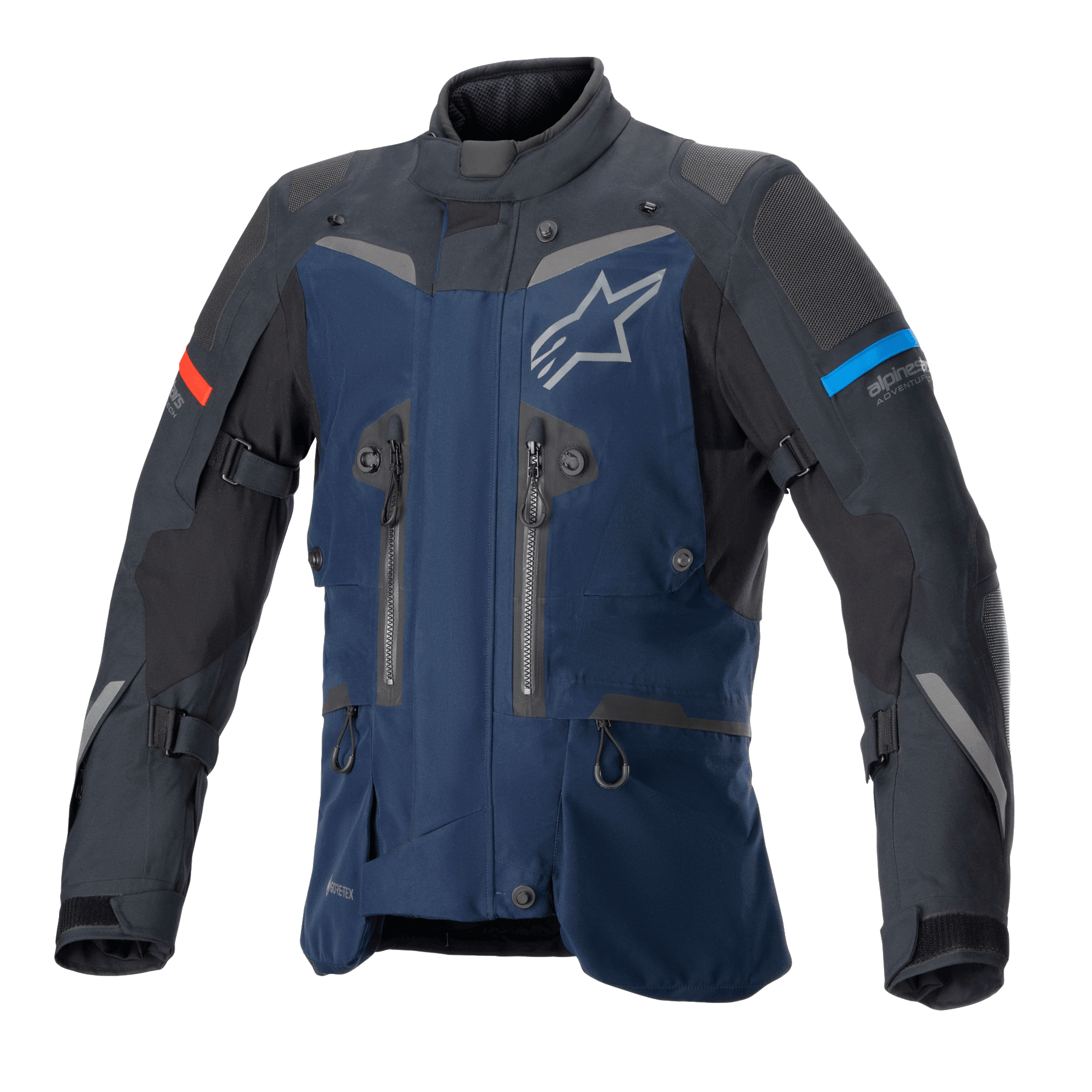 Alpinestars Boulder GORE-TEX Jacket, Dark Blue and Black Adventure Touring Jacket, waterproof textile construction, white star logo on chest, red and light blue sleeve accents, multiple ventilation zippers and adjustment straps, durable technical gear for all-weather riding