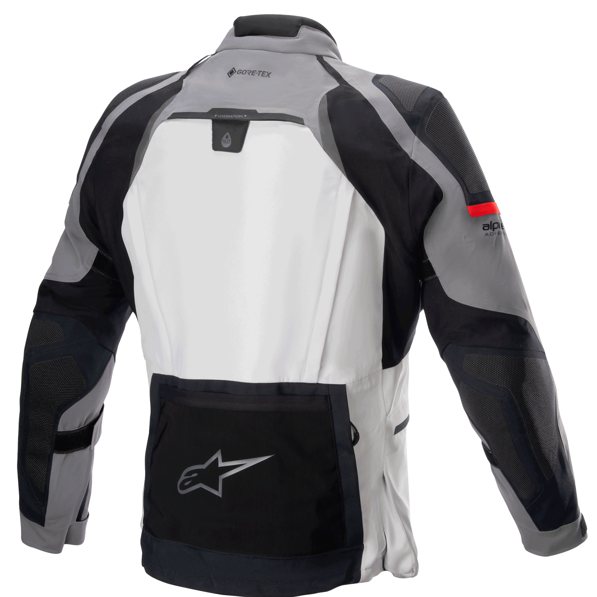 Veste Alpinestars Boulder GORE-TEX, vue arrière, gris foncé et gris glace, veste de moto technique de touring aventure avec grand panneau dorsal gris clair, poche utilitaire inférieure noire arborant le logo étoilé Alpinestars, marquage GORE-TEX sur le haut du dos et construction multi-matières durable.