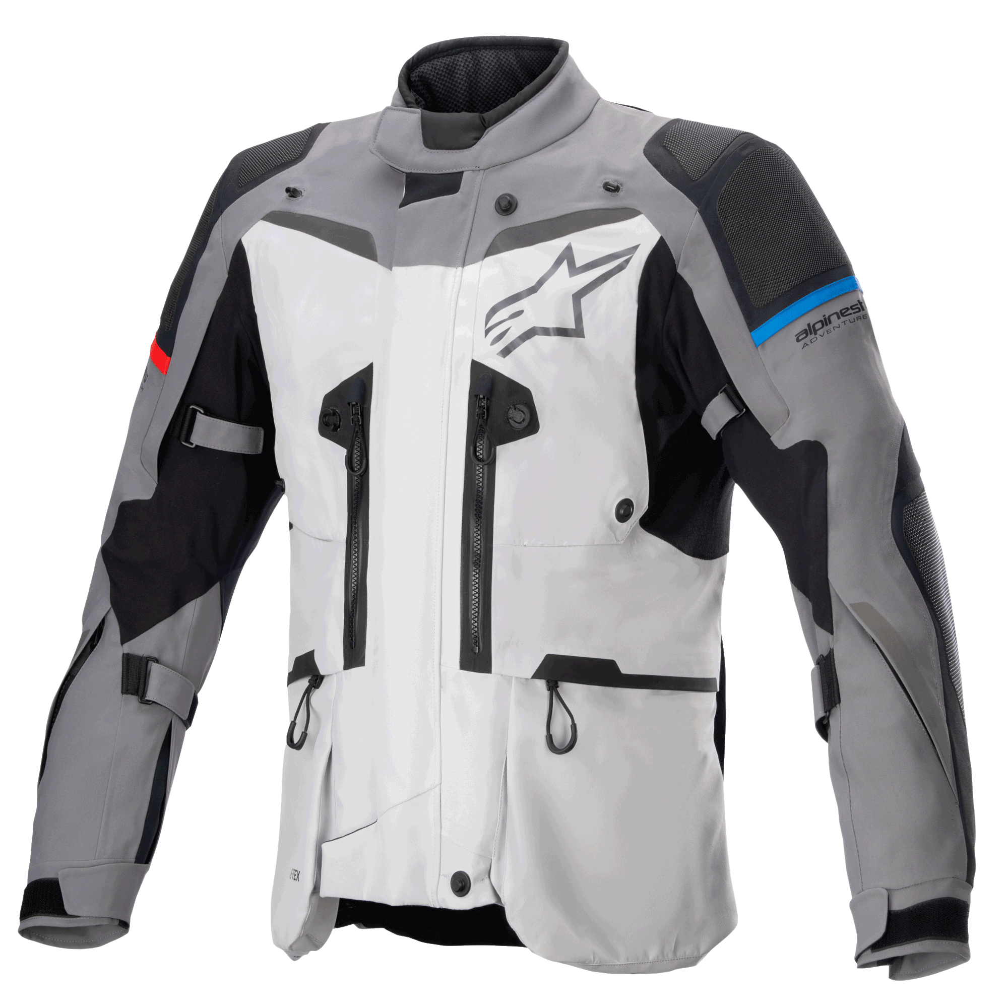 Veste Alpinestars Boulder GORE-TEX, veste de moto adventure touring, gris foncé et gris glacier, dotée de multiples fermetures éclair de ventilation, panneaux renforcés aux épaules et aux coudes avec des accents bleus et rouges, grand logo Alpinestars sur la poitrine, équipement technique imperméable haute performance