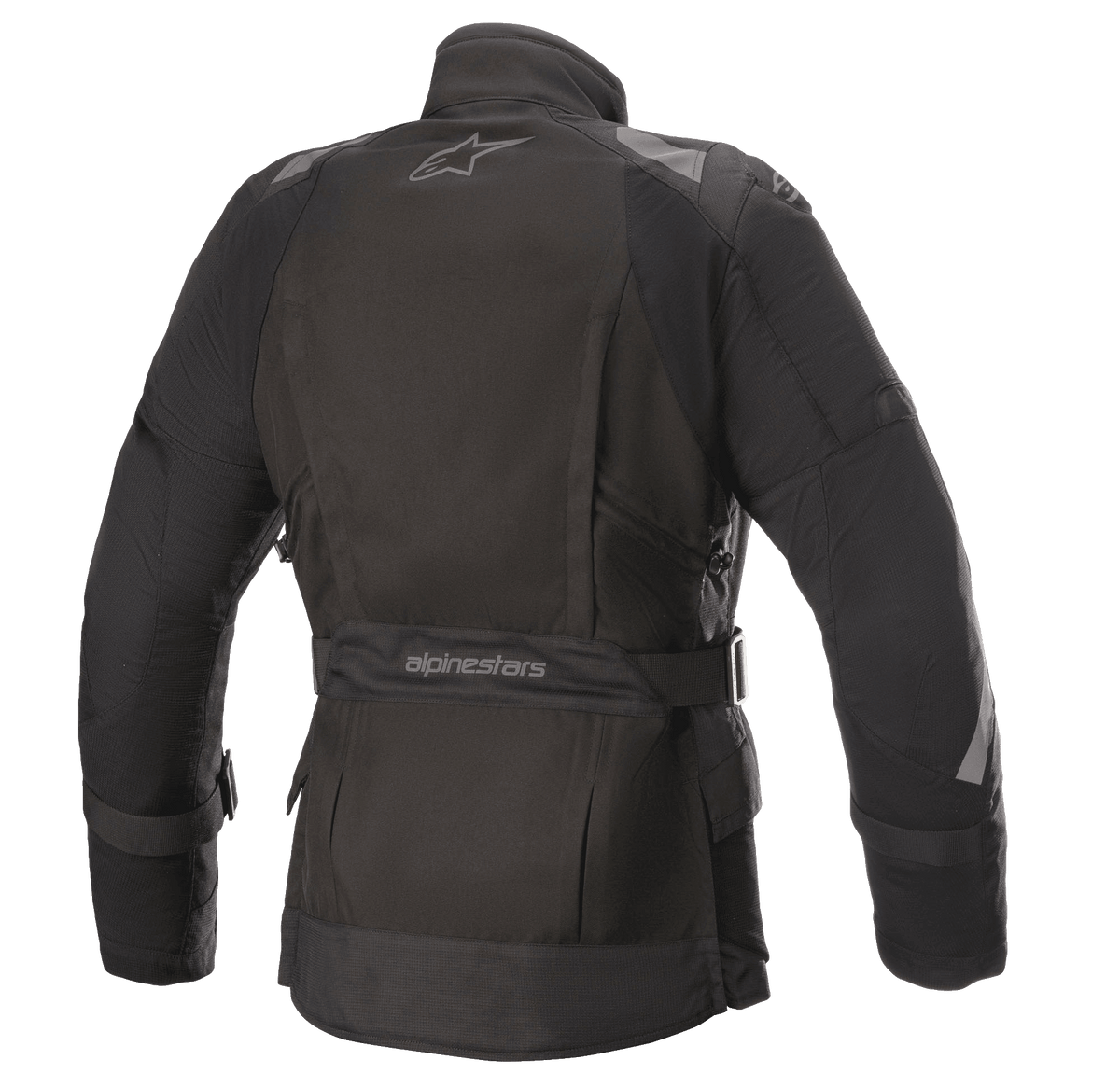 Veste Alpinestars Stella Ketchum GORE-TEX pour femme, veste de moto en textile, noire, vue arrière présentant le logo Alpinestars, sangle de réglage à la taille avec marquage et panneaux réfléchissants aux épaules et aux manches pour la visibilité de la pilote.