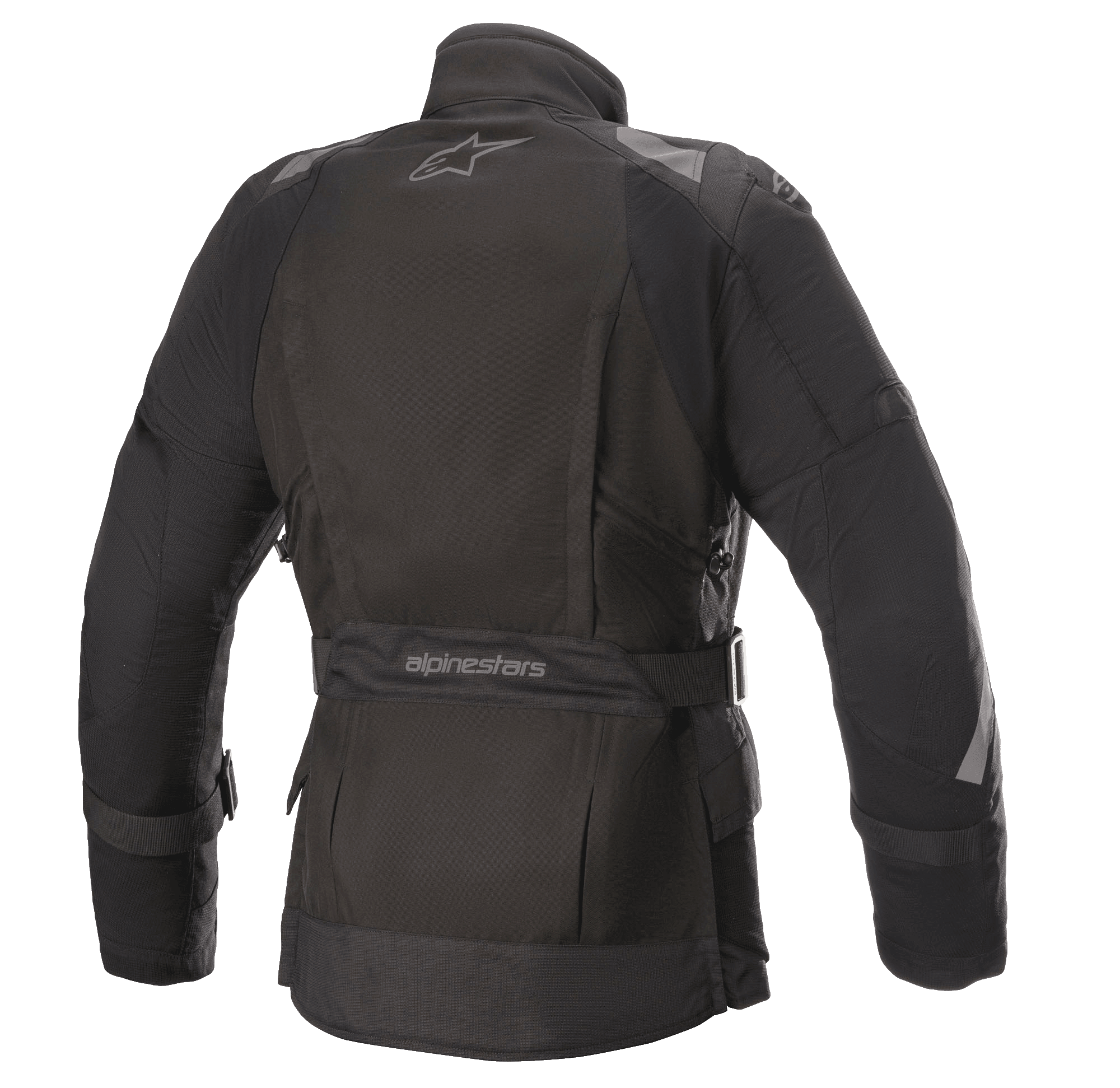 Veste Alpinestars Stella Ketchum GORE-TEX pour femme, veste de moto en textile, noire, vue arrière présentant le logo Alpinestars, sangle de réglage à la taille avec marquage et panneaux réfléchissants aux épaules et aux manches pour la visibilité de la pilote.