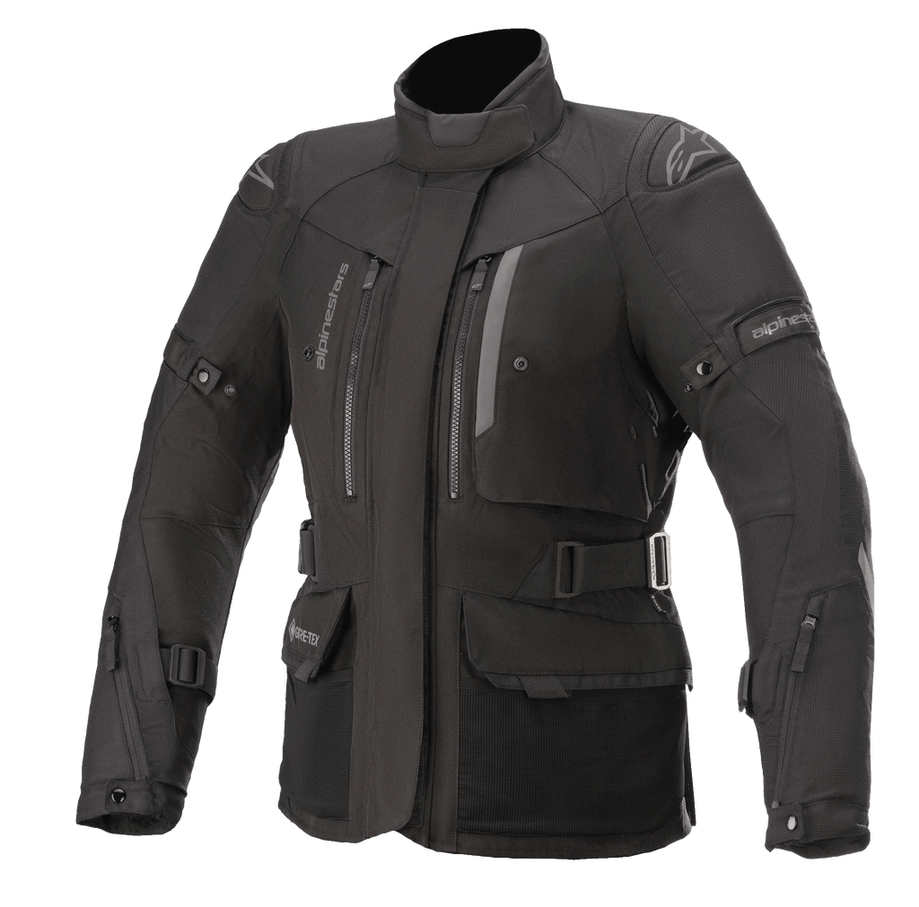 Alpinestars Stella Ketchum GORE-TEX, veste de moto touring pour femme, noire, construction textile imperméable et respirante, col haut avec ventilations zippées, sangles de réglage à la taille et aux manches, tissu durable avec protection renforcée aux épaules