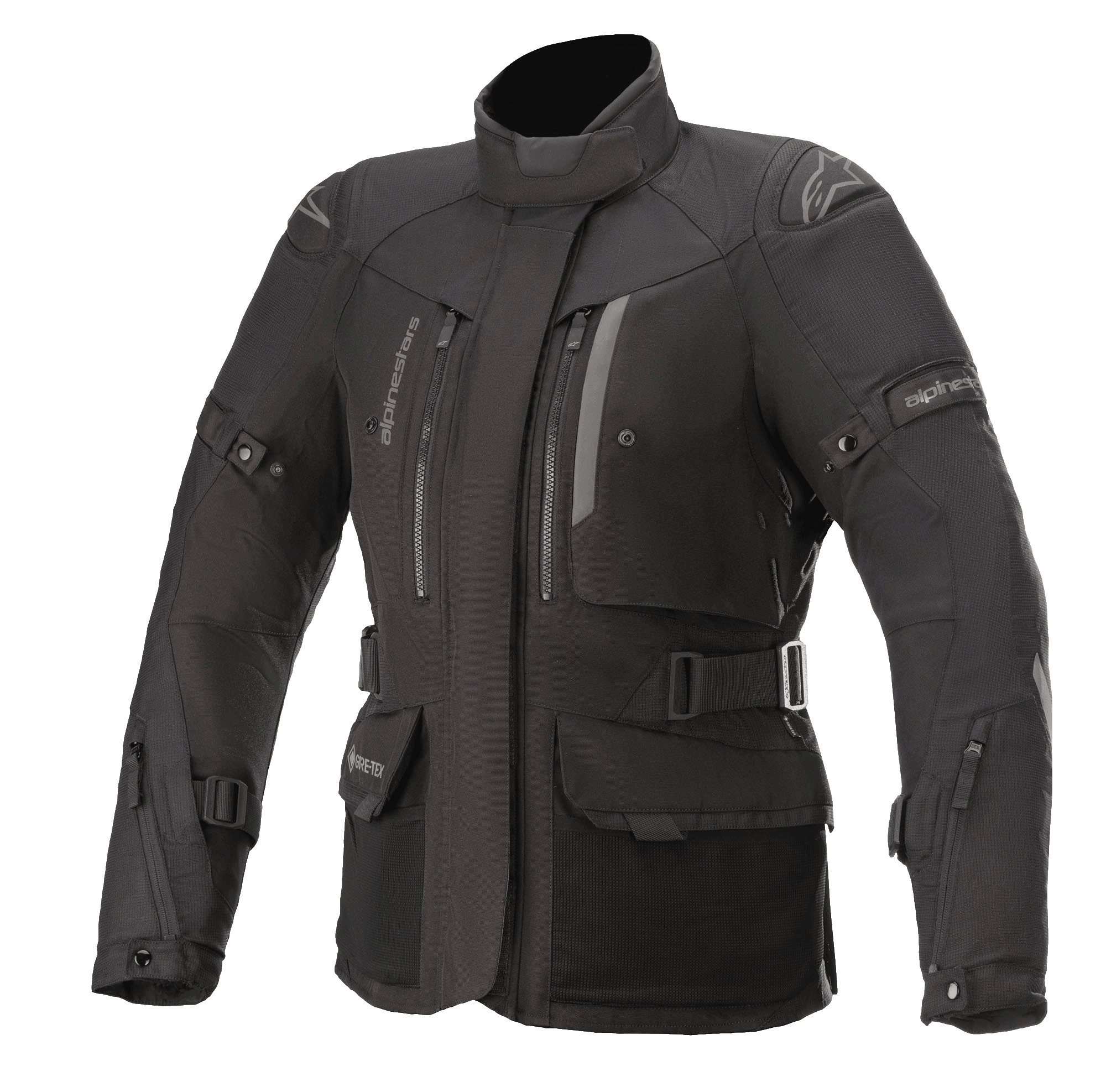 Alpinestars Stella Ketchum GORE-TEX, veste de moto touring pour femme, noire, construction textile imperméable et respirante, col haut avec ventilations zippées, sangles de réglage à la taille et aux manches, tissu durable avec protection renforcée aux épaules